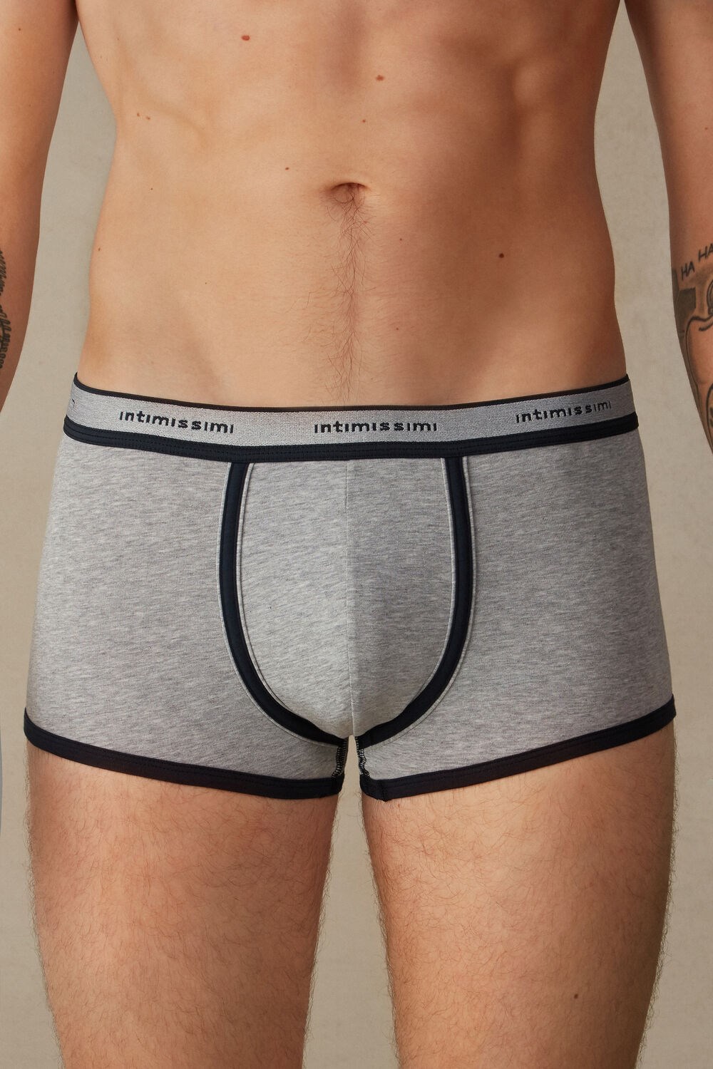 Blue - 387i - Light Grey Blend / Midnight Blue Intimissimi Stretch Supima® Cotton Boxer Shorts with Logo Detail | BPCK-63940