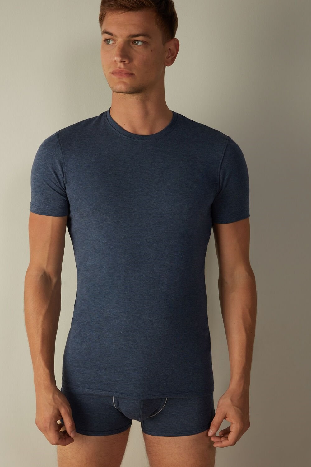 Blue - 5210 - Denim Blue Blend Intimissimi T-shirt in Stretch Supima® Cotton | GIPM-43986