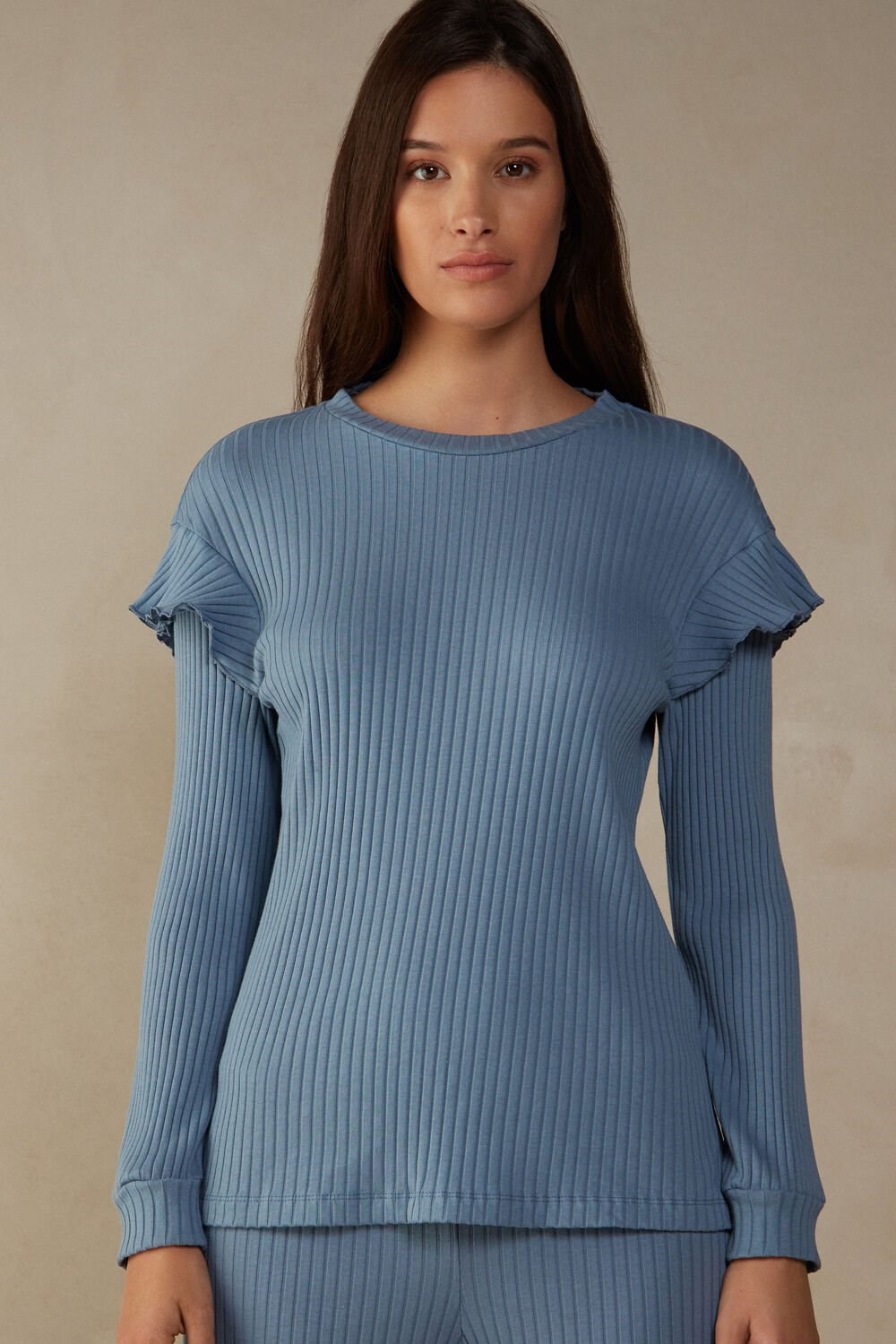 Blue - 5503 - Bianco Intimissimi Cozy Mountains Long Sleeve Ribbed Top | CBET-21085