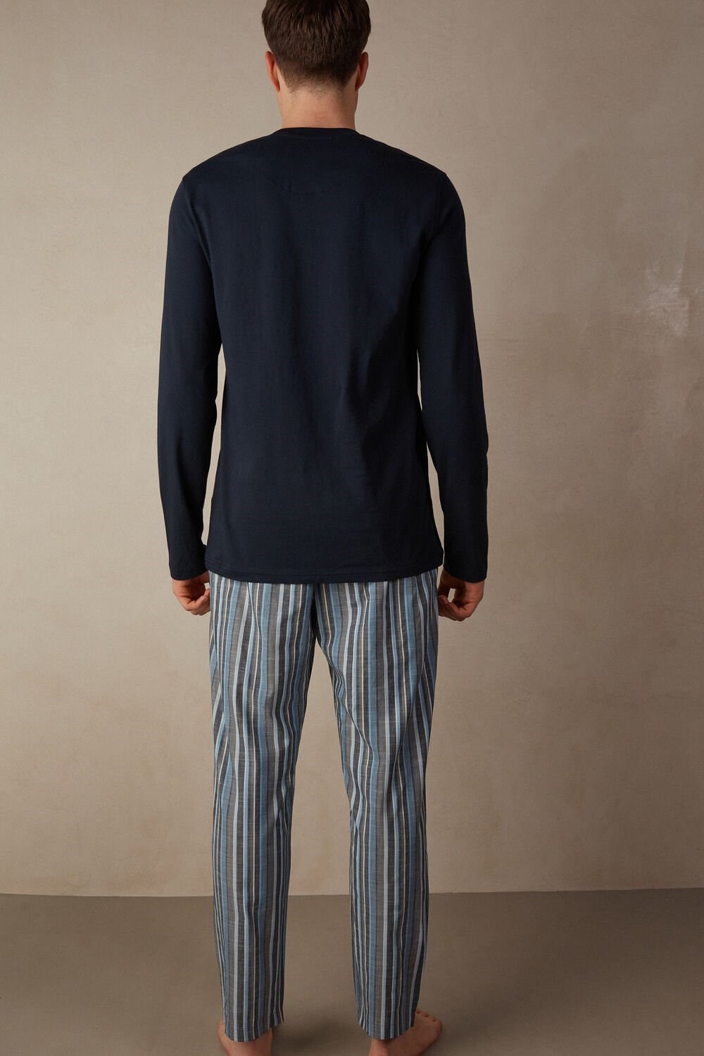 Blue - 800 - Midnight Blue Intimissimi Full Length Pajamas in Striped Cotton | FHDL-29053