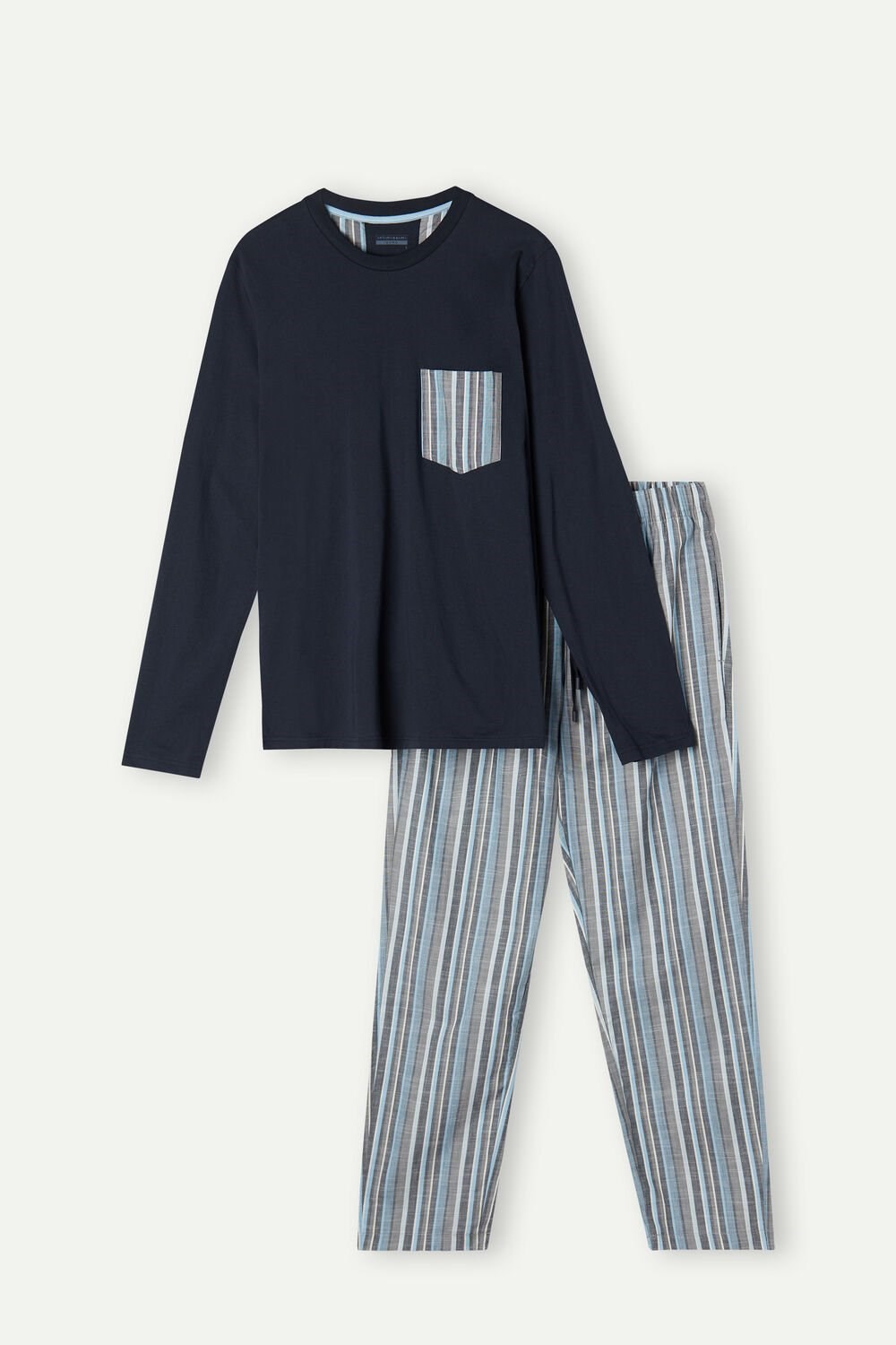 Blue - 800 - Midnight Blue Intimissimi Full Length Pajamas in Striped Cotton | FHDL-29053