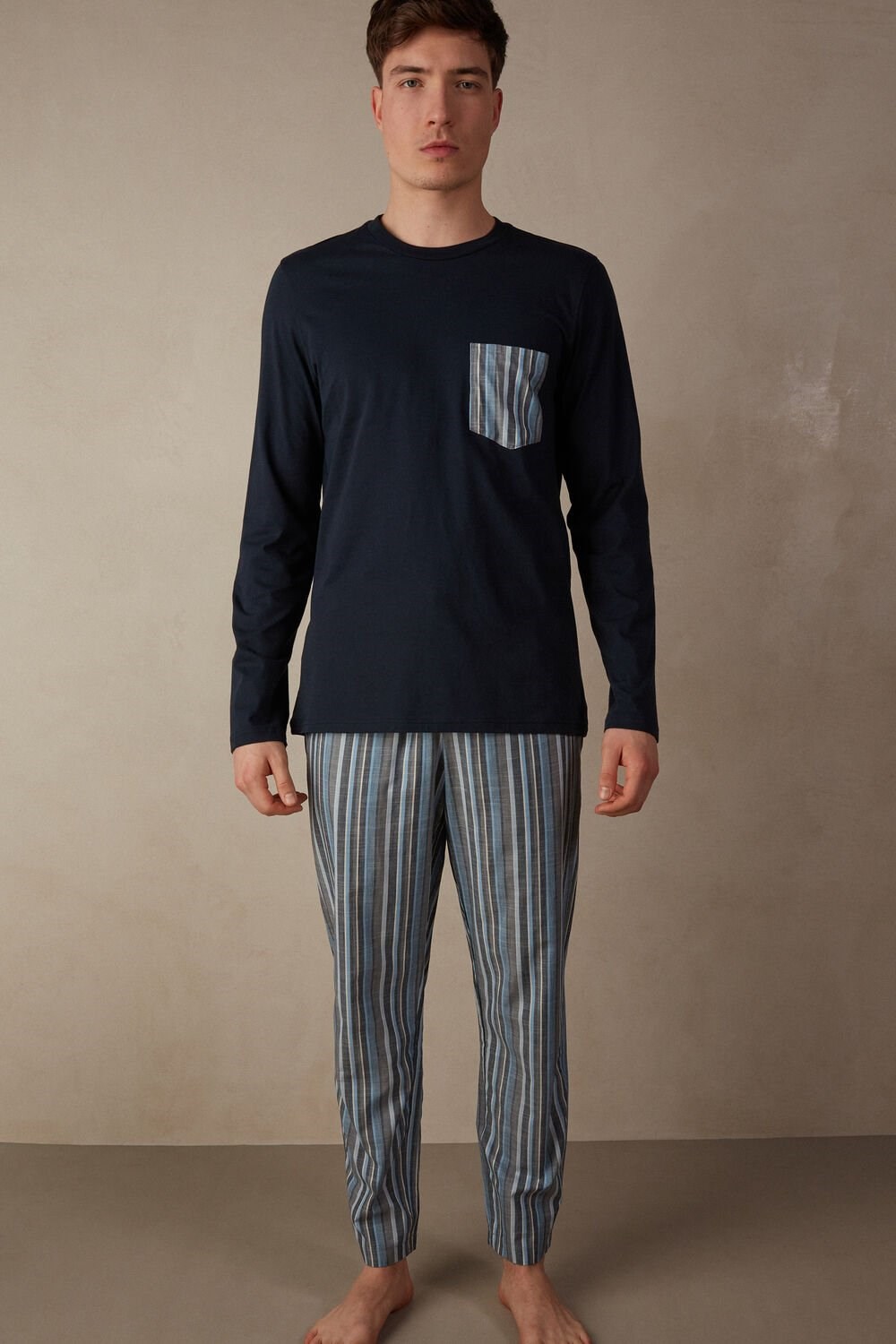 Blue - 800 - Midnight Blue Intimissimi Full Length Pajamas in Striped Cotton | FHDL-29053