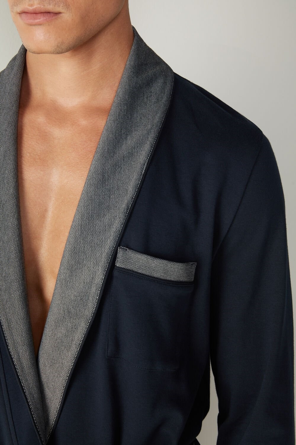 Blue - 800 - Midnight Blue Intimissimi Interlock Cotton Smoking Jacket | LYPB-68073