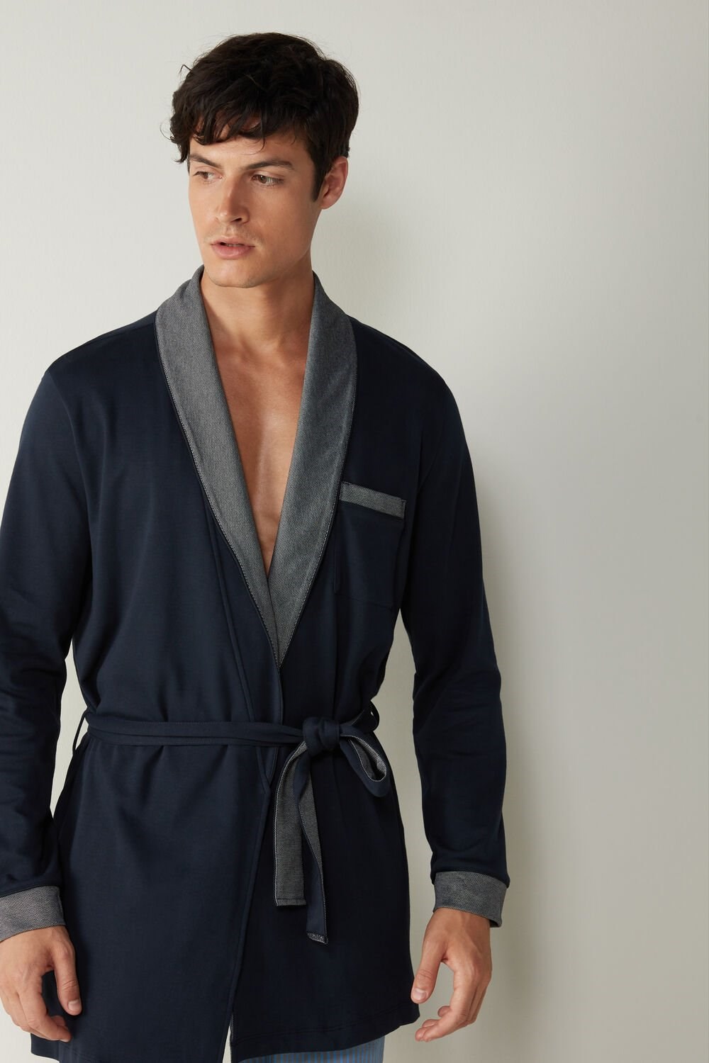 Blue - 800 - Midnight Blue Intimissimi Interlock Cotton Smoking Jacket | LYPB-68073