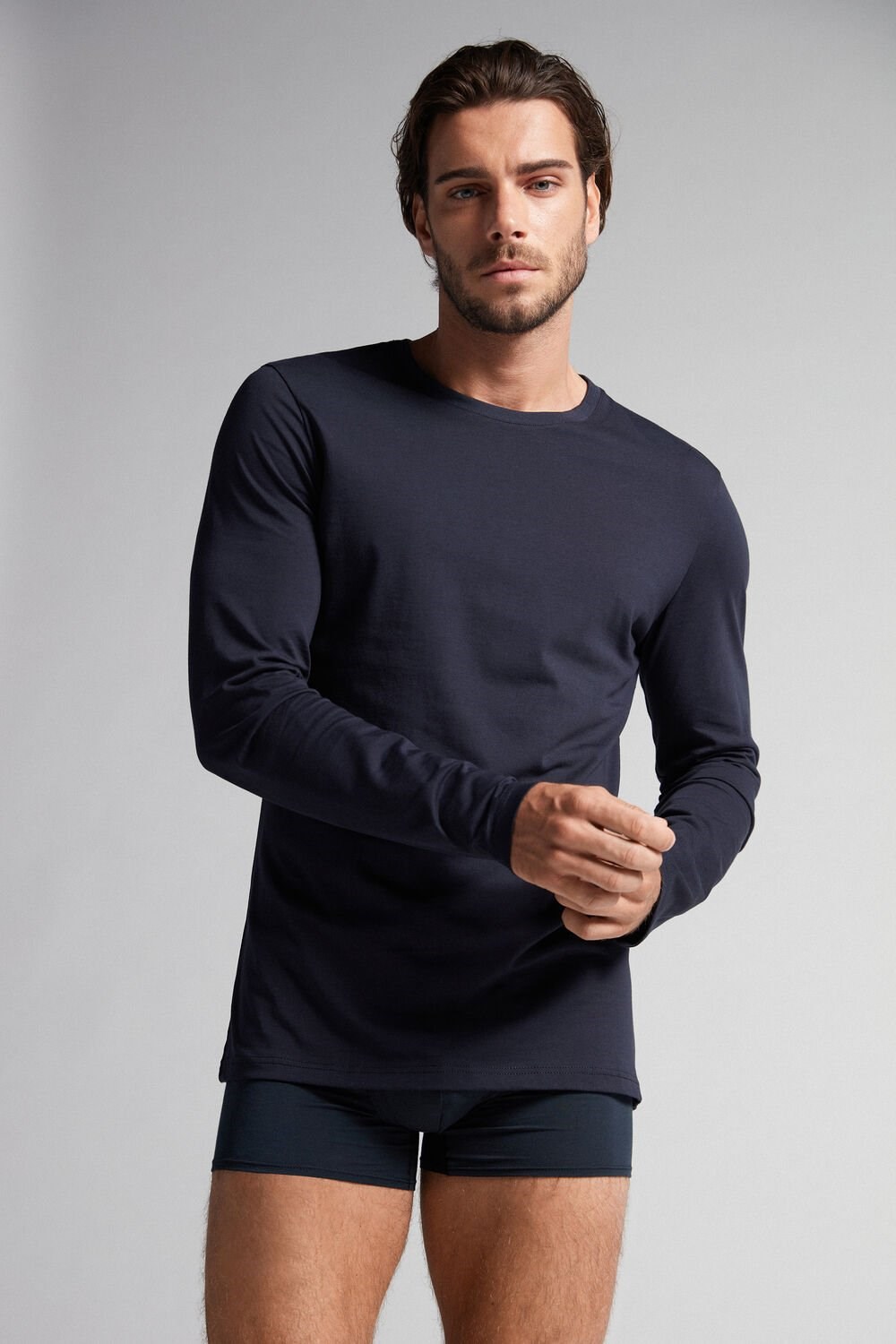 Blue - 800 - Midnight Blue Intimissimi Long-Sleeve Supima® Cotton Top | AXGH-38752