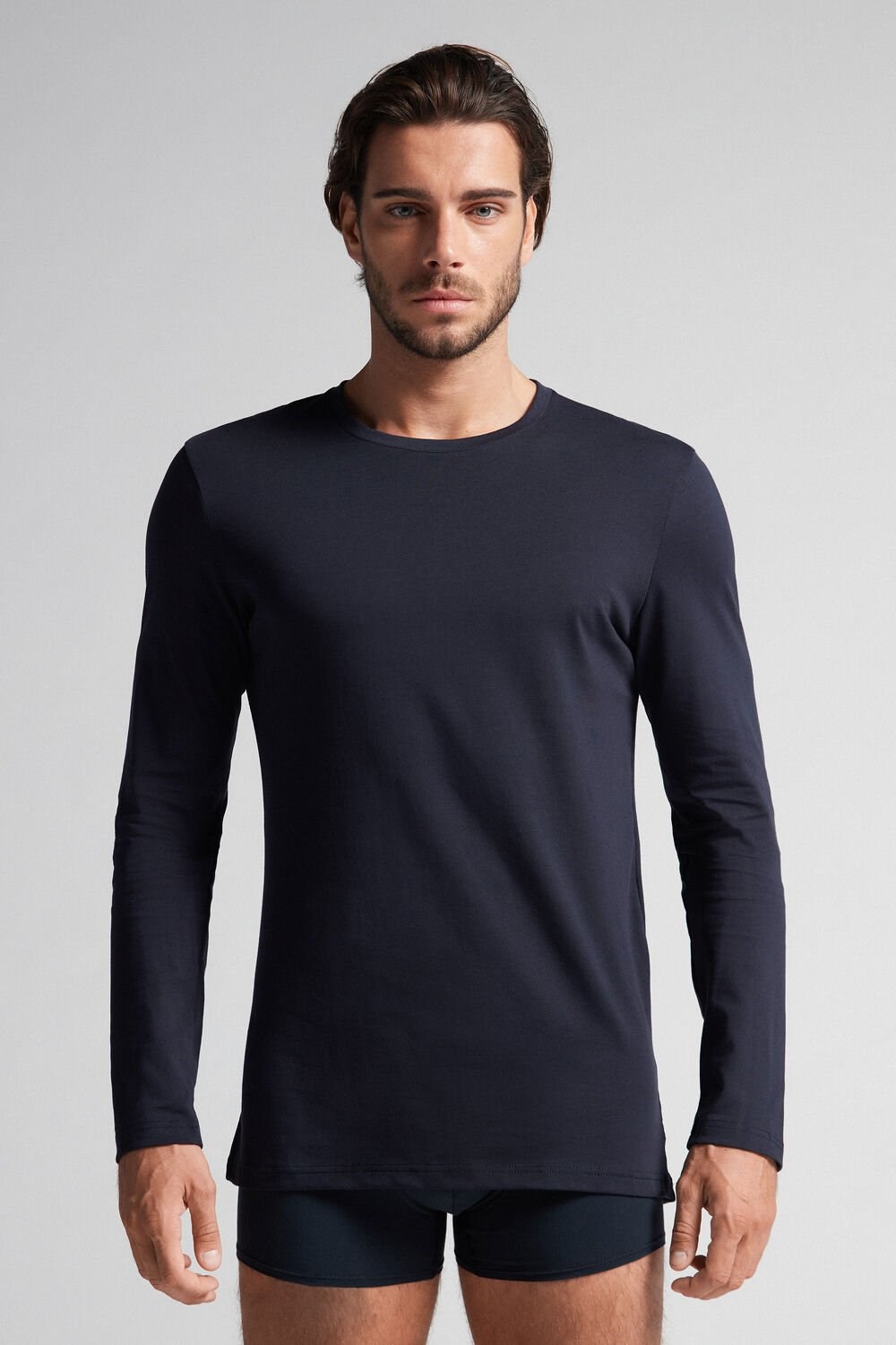 Blue - 800 - Midnight Blue Intimissimi Long-Sleeve Supima® Cotton Top | AXGH-38752