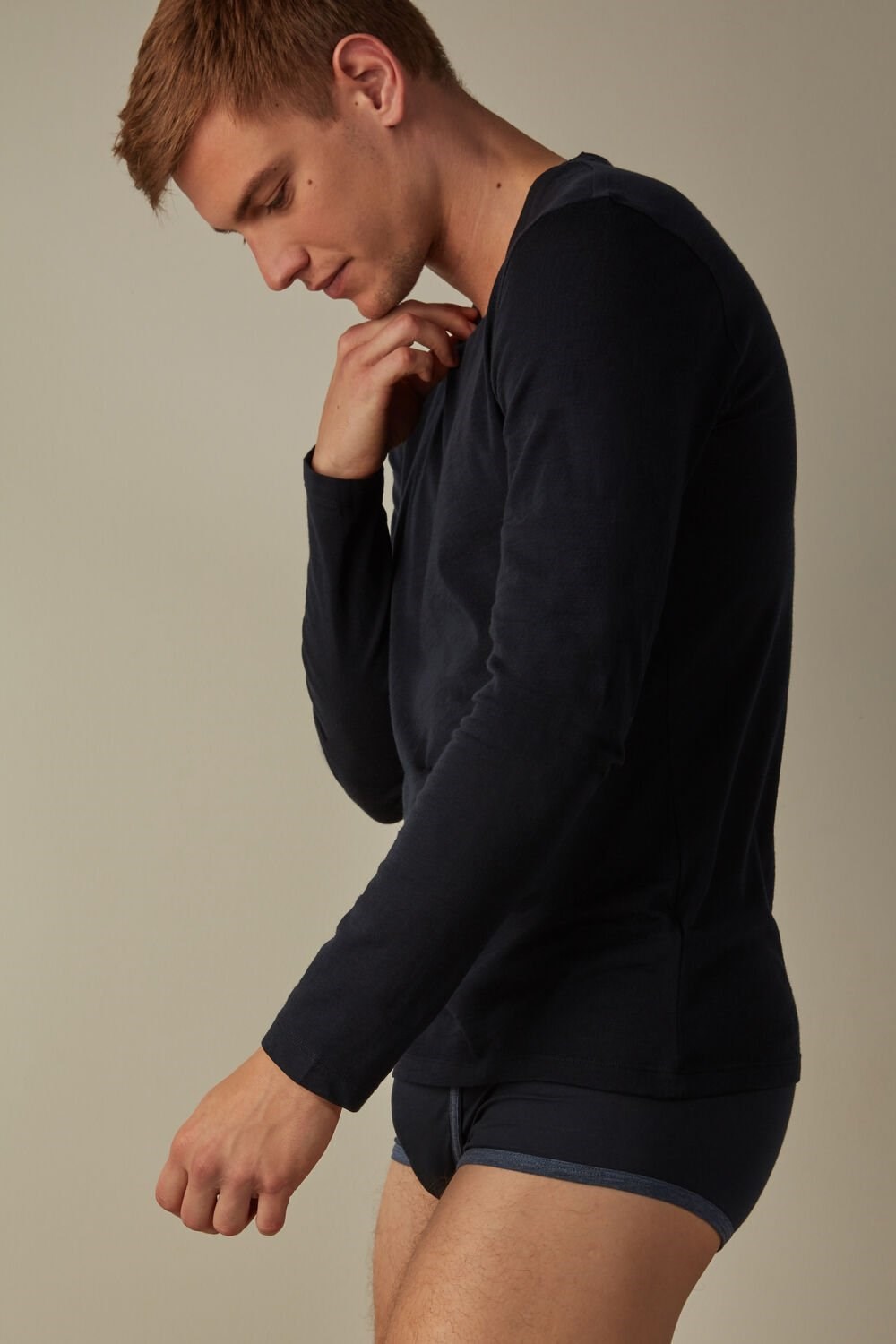 Blue - 800 - Midnight Blue Intimissimi Long-sleeve Crew-Neck Merino-Wool Top | JHCQ-58261