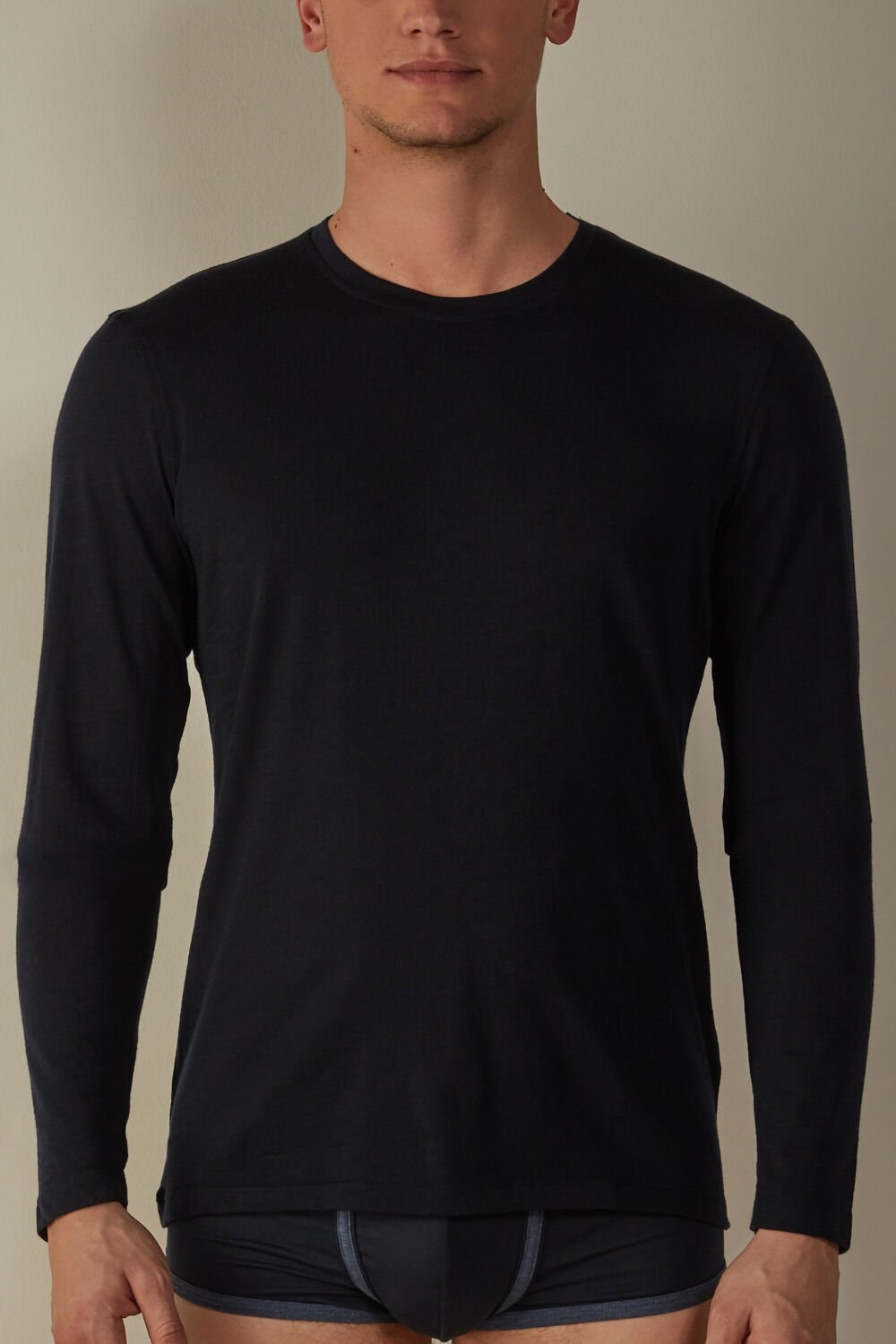 Blue - 800 - Midnight Blue Intimissimi Long-sleeve Crew-Neck Merino-Wool Top | JHCQ-58261