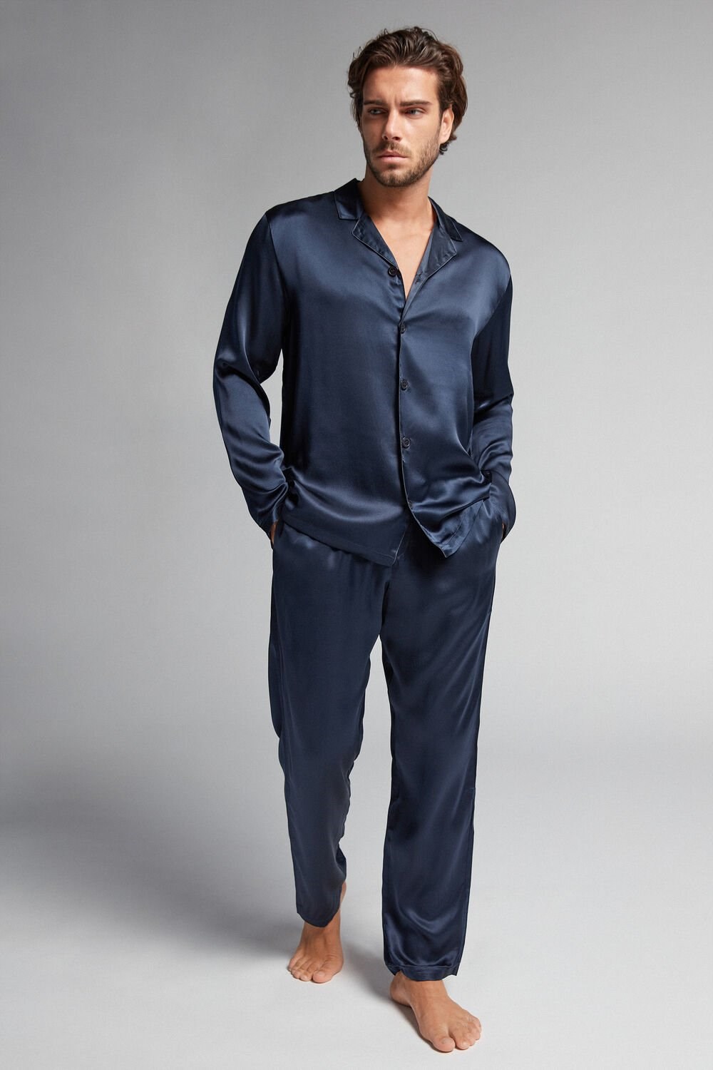 Blue - 800 - Midnight Blue Intimissimi Long Silk Piped Pajamas | PNLE-70931