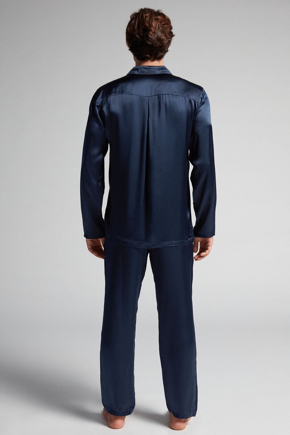 Blue - 800 - Midnight Blue Intimissimi Long Silk Piped Pajamas | PNLE-70931