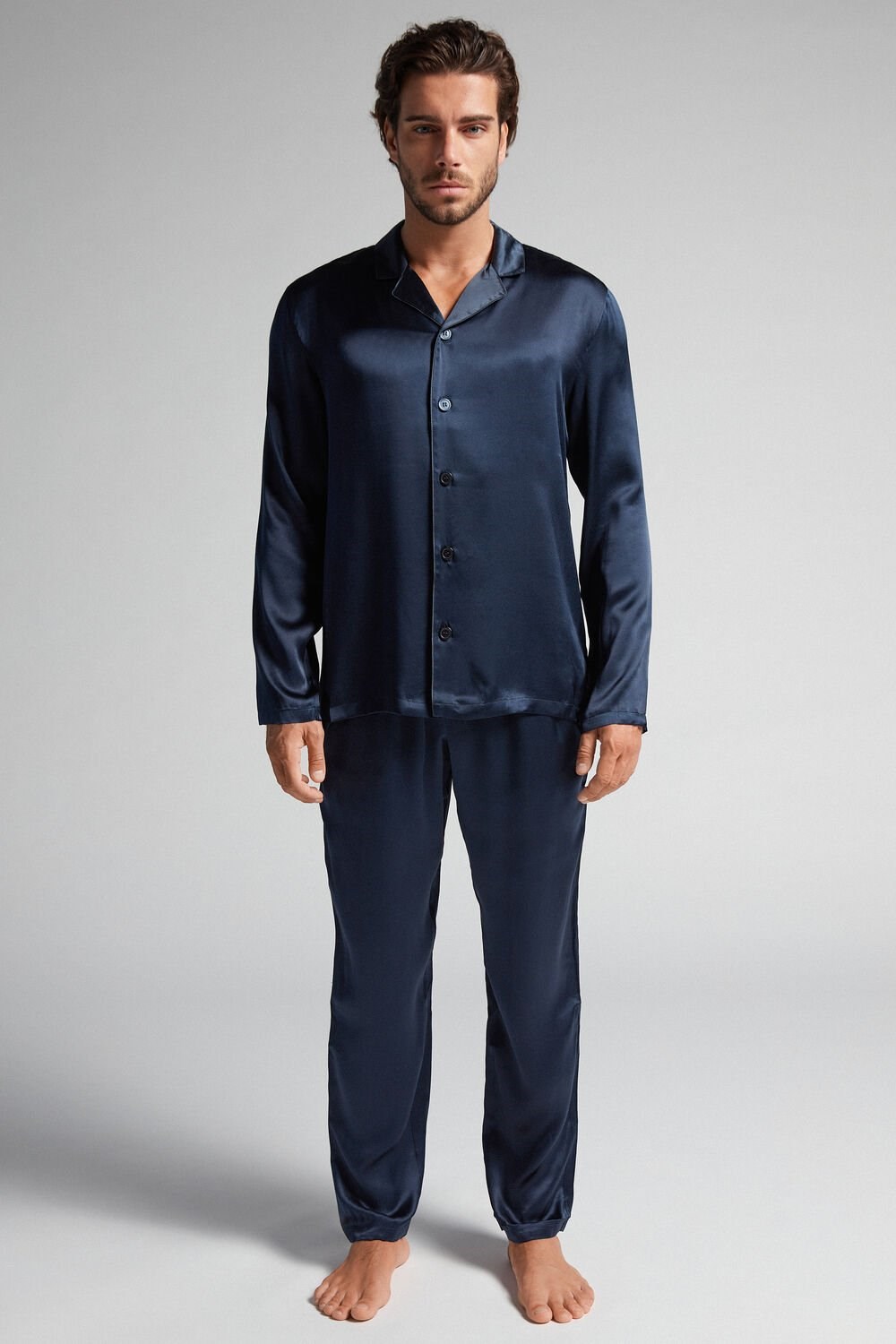 Blue - 800 - Midnight Blue Intimissimi Long Silk Piped Pajamas | PNLE-70931