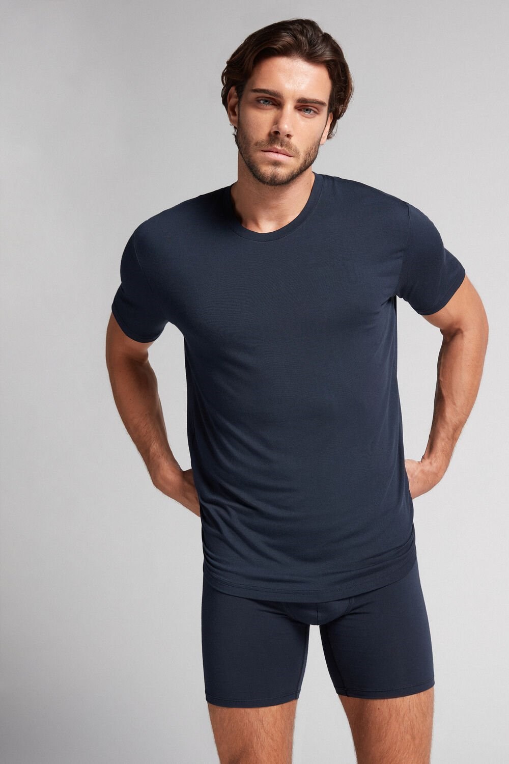 Blue - 800 - Midnight Blue Intimissimi Modal and Silk T-shirt | OQSP-56871