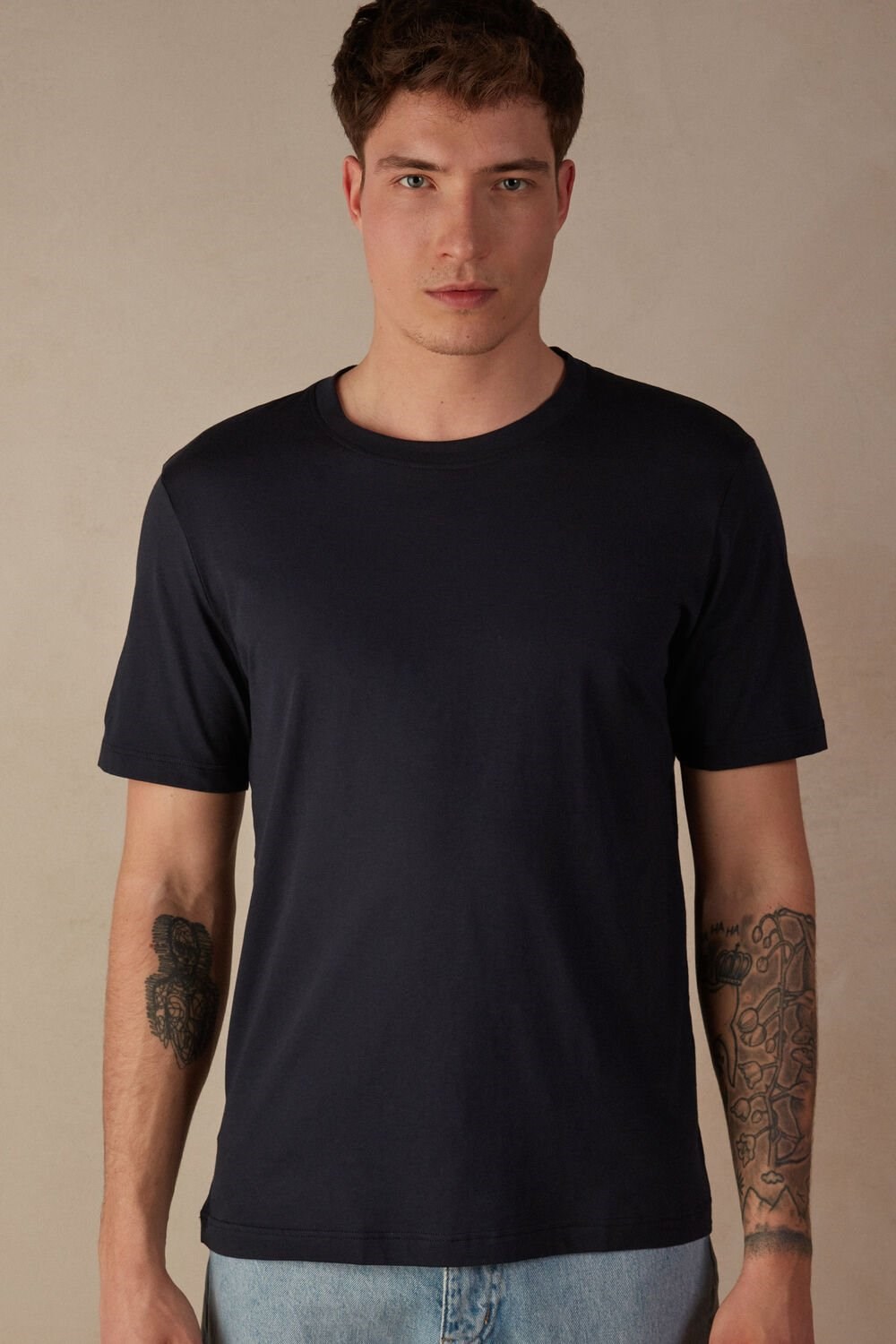 Blue - 800 - Midnight Blue Intimissimi Regular Fit T-Shirt in Extrafine Supima® Cotton | EFRQ-27095