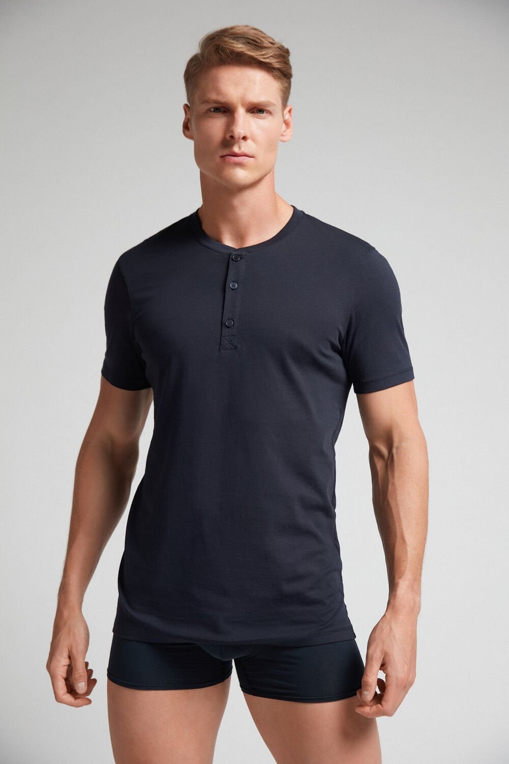 Blue - 800 - Midnight Blue Intimissimi Short-Sleeved Supima® Cotton Shirt | FJHL-50673