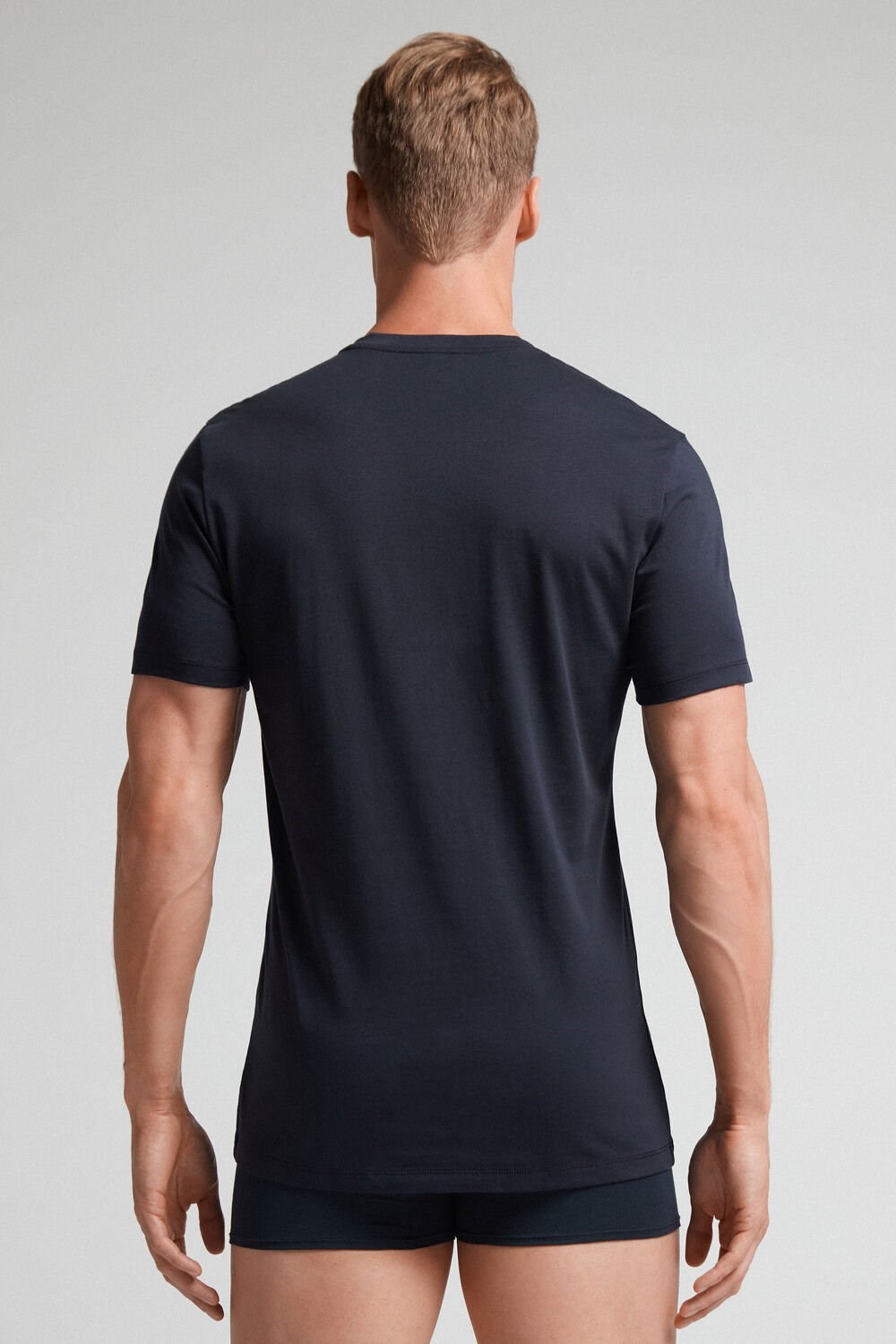 Blue - 800 - Midnight Blue Intimissimi Short-Sleeved Supima® Cotton Shirt | FJHL-50673