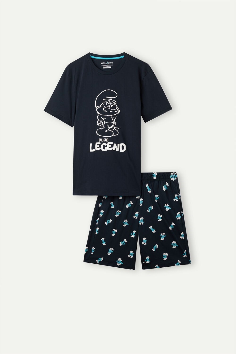 Blue - 800 - Midnight Blue Intimissimi Smurfs Short Cotton Pajamas | LPVR-82164