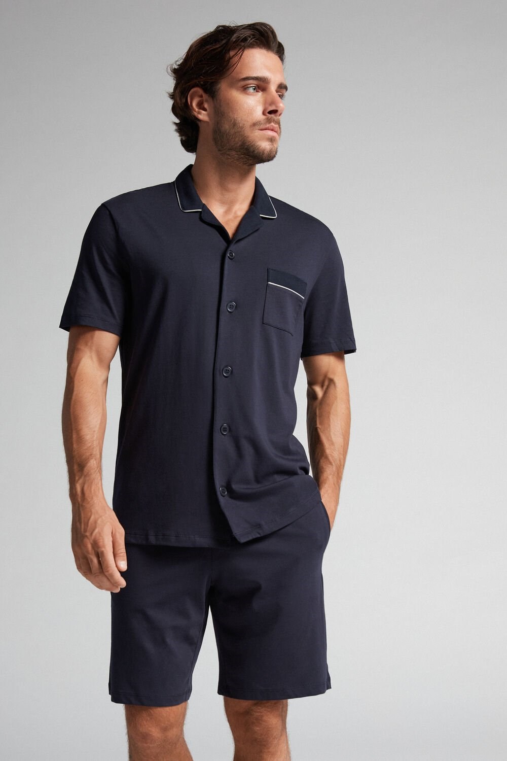 Blue - 800 - Midnight Blue Intimissimi Supima Cotton Button-Front Cropped Pajamas | OTNG-14987