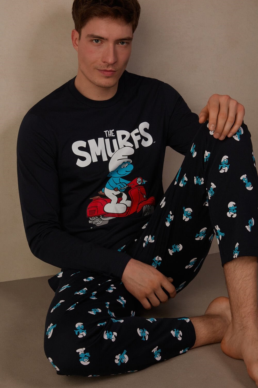 Blue - 800 - Midnight Blue Intimissimi Smurfs Full Length Cotton Pajamas | RZBT-46598