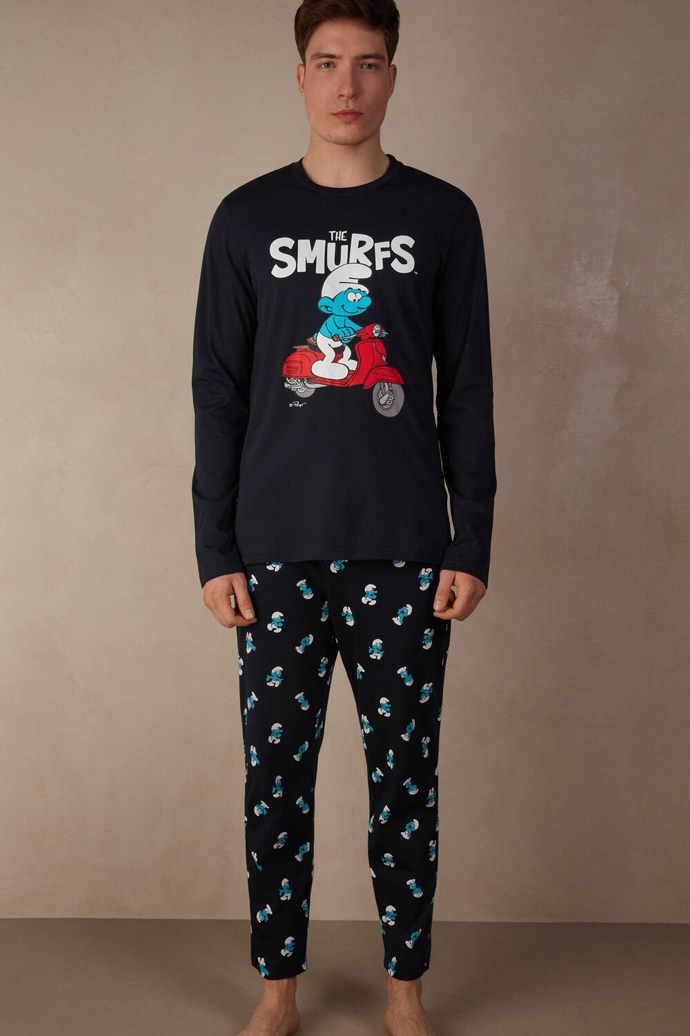 Blue - 800 - Midnight Blue Intimissimi Smurfs Full Length Cotton Pajamas | RZBT-46598