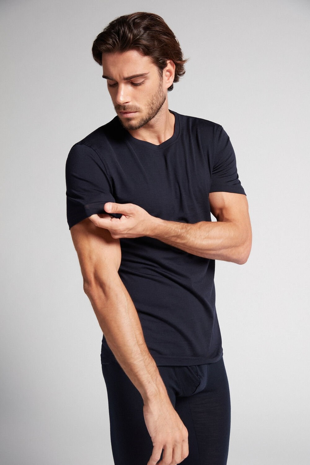 Blue - 800 - Midnight Blue Intimissimi Stretch Merino Wool Short-Sleeve T-Shirt | ZMIL-92680