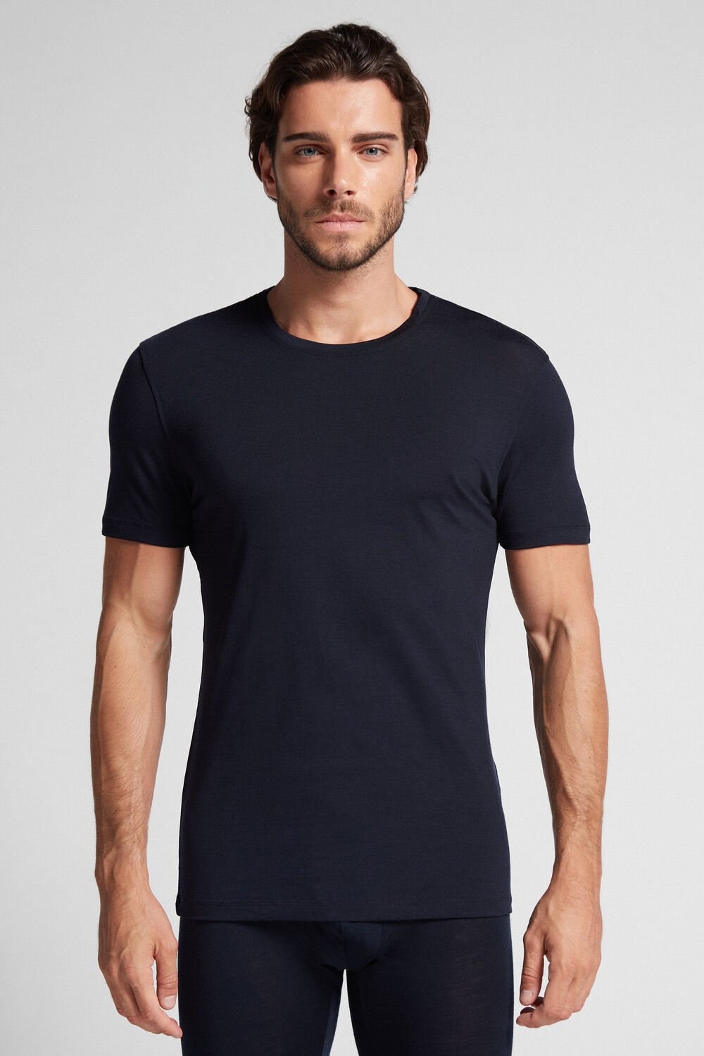 Blue - 800 - Midnight Blue Intimissimi Stretch Merino Wool Short-Sleeve T-Shirt | ZMIL-92680