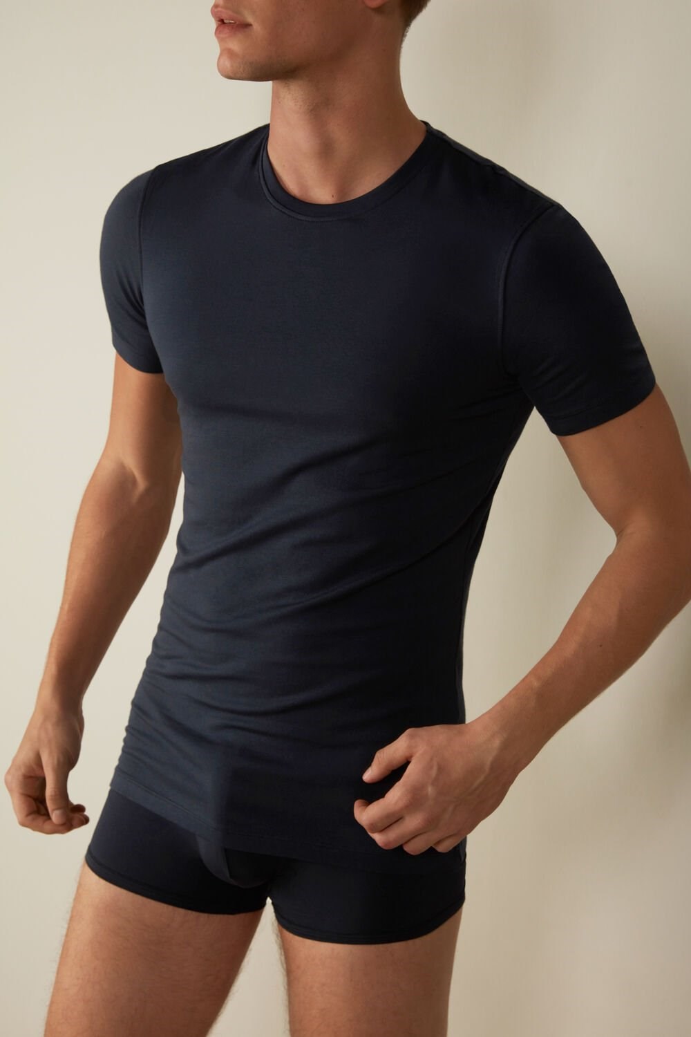 Blue - 800 - Midnight Blue Intimissimi T-shirt in Stretch Supima® Cotton | IJQP-76491