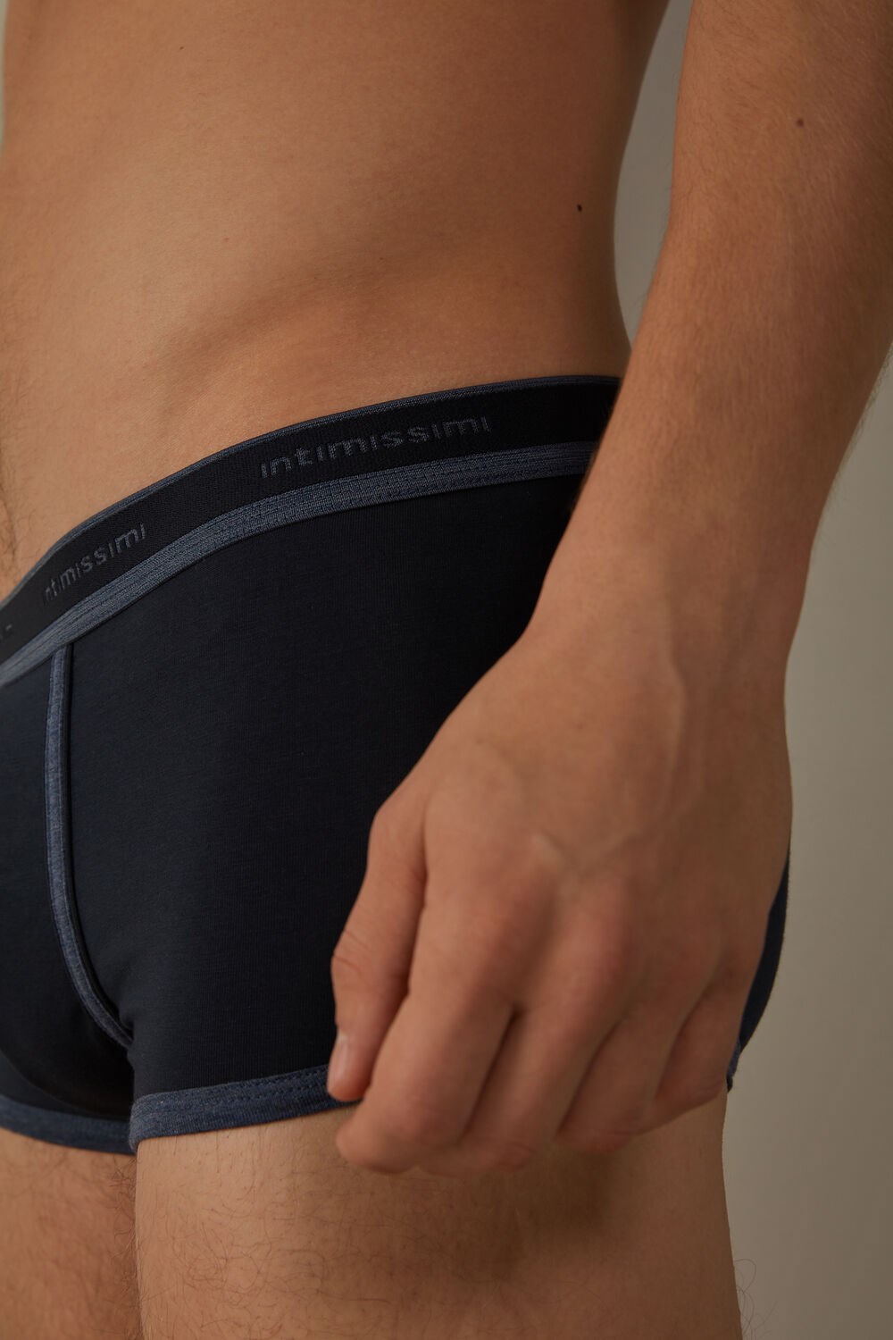 Blue - 844i - Midnight Blue / Heathered Denim Blue Intimissimi Stretch Supima® Cotton Boxer Shorts with Logo Detail | KCGQ-08947