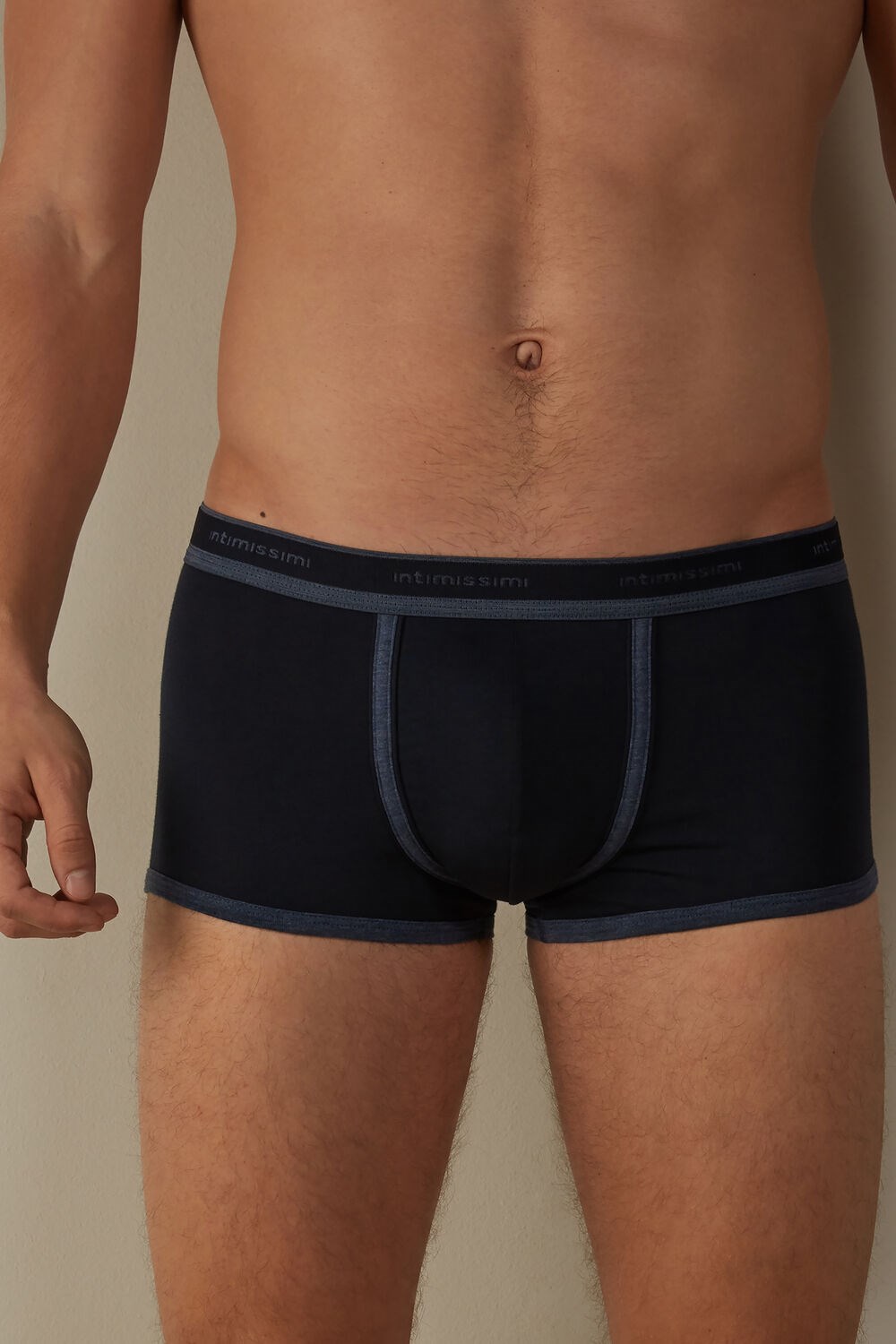 Blue - 844i - Midnight Blue / Heathered Denim Blue Intimissimi Stretch Supima® Cotton Boxer Shorts with Logo Detail | KCGQ-08947