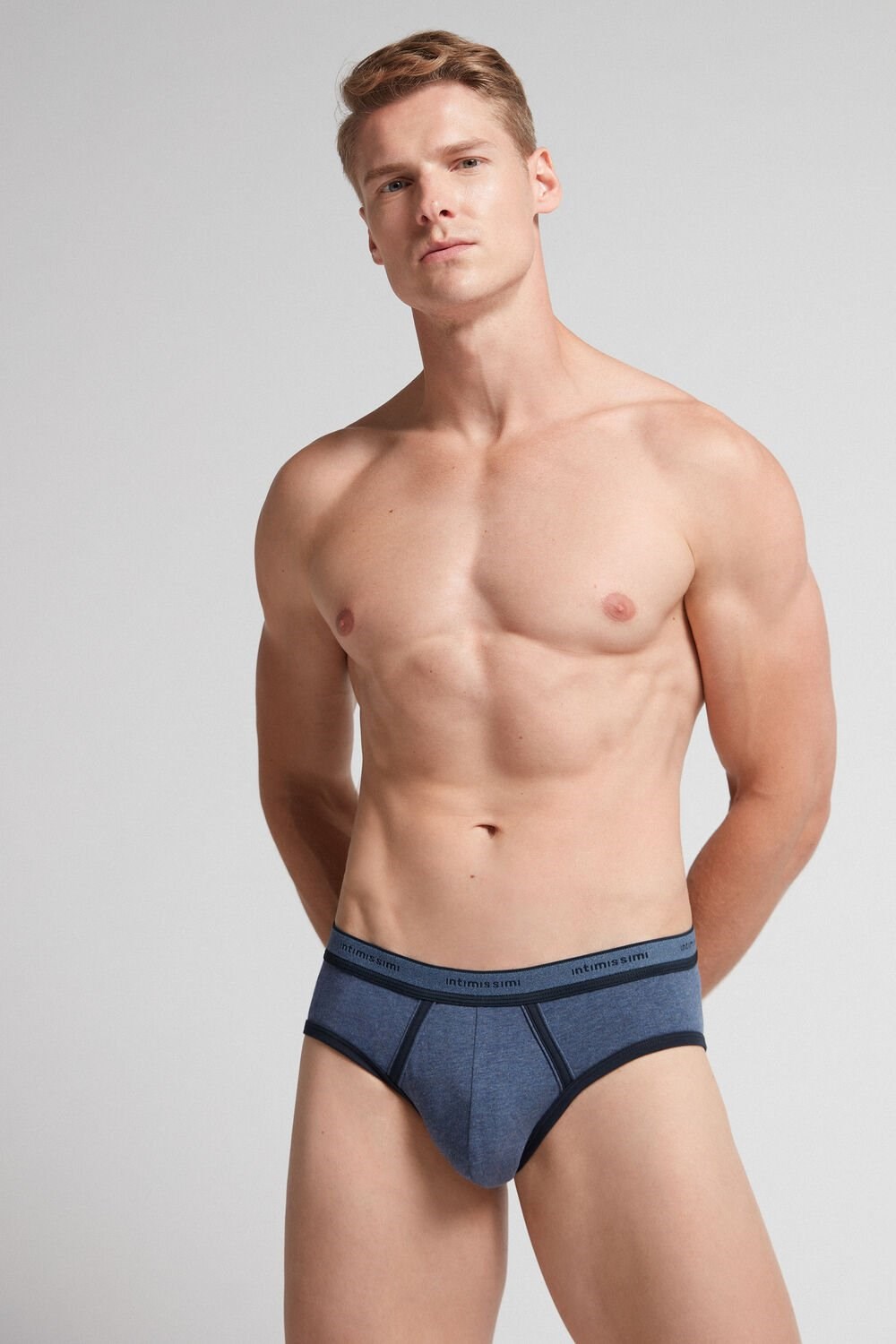 Blue - 845i - Heathered Denim Blue / Midnight Blue Intimissimi Stretch Supima® Cotton Brief with Logo Detail | JNOB-01958