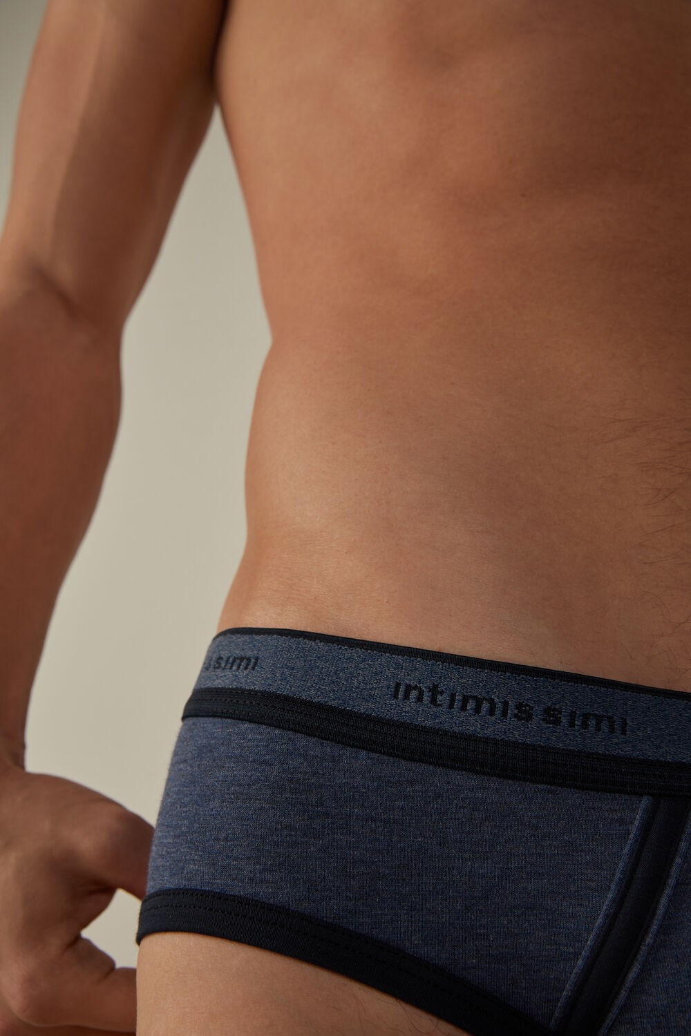 Blue - 845i - Heathered Denim Blue / Midnight Blue Intimissimi Stretch Supima® Cotton Brief with Logo Detail | JNOB-01958