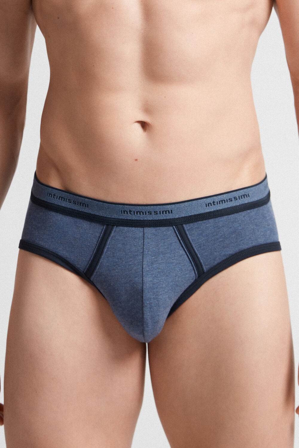 Blue - 845i - Heathered Denim Blue / Midnight Blue Intimissimi Stretch Supima® Cotton Brief with Logo Detail | JNOB-01958