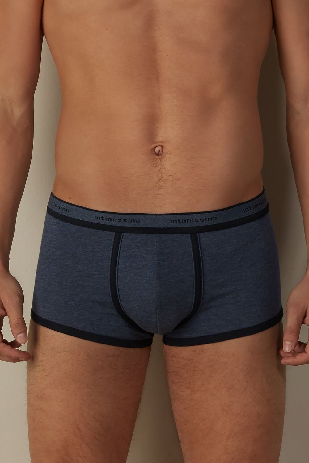 Blue - 845i - Heathered Denim Blue / Midnight Blue Intimissimi Stretch Supima® Cotton Boxer Shorts with Logo Detail | JQFN-18350