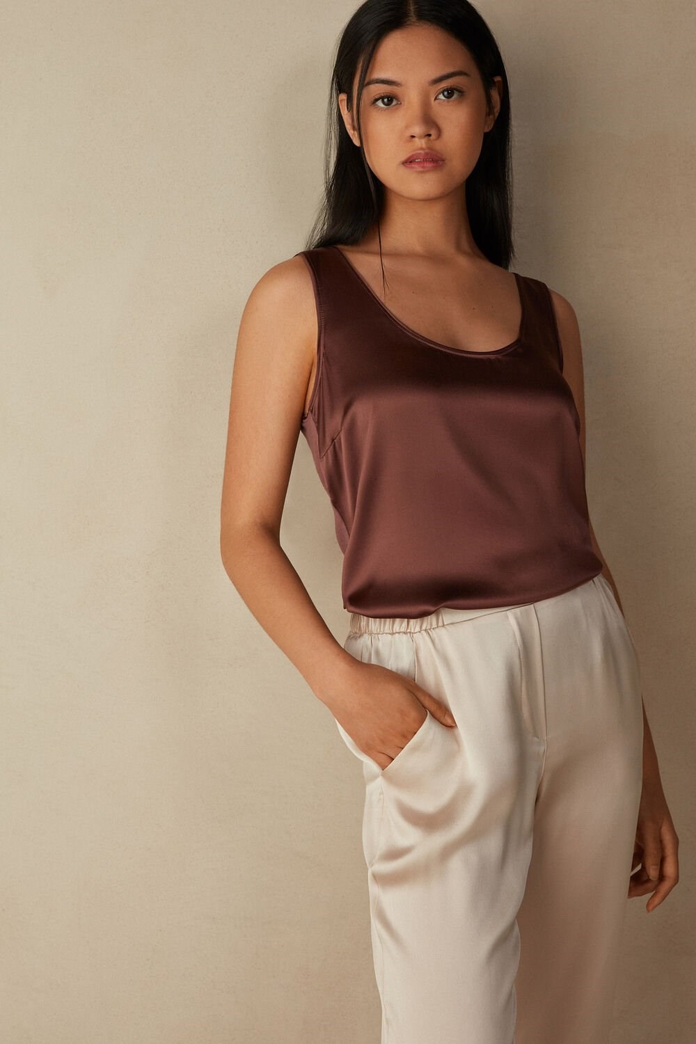 Brown - 002j - Nutmeg Brown Intimissimi Silk and Modal Tank Top | KGUX-42685