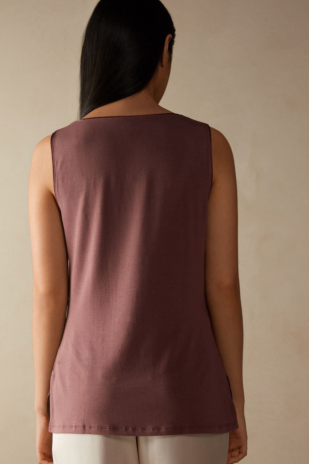 Brown - 002j - Nutmeg Brown Intimissimi Silk and Modal Tank Top | KGUX-42685