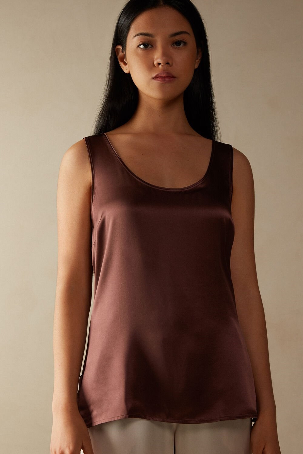 Brown - 002j - Nutmeg Brown Intimissimi Silk and Modal Tank Top | KGUX-42685