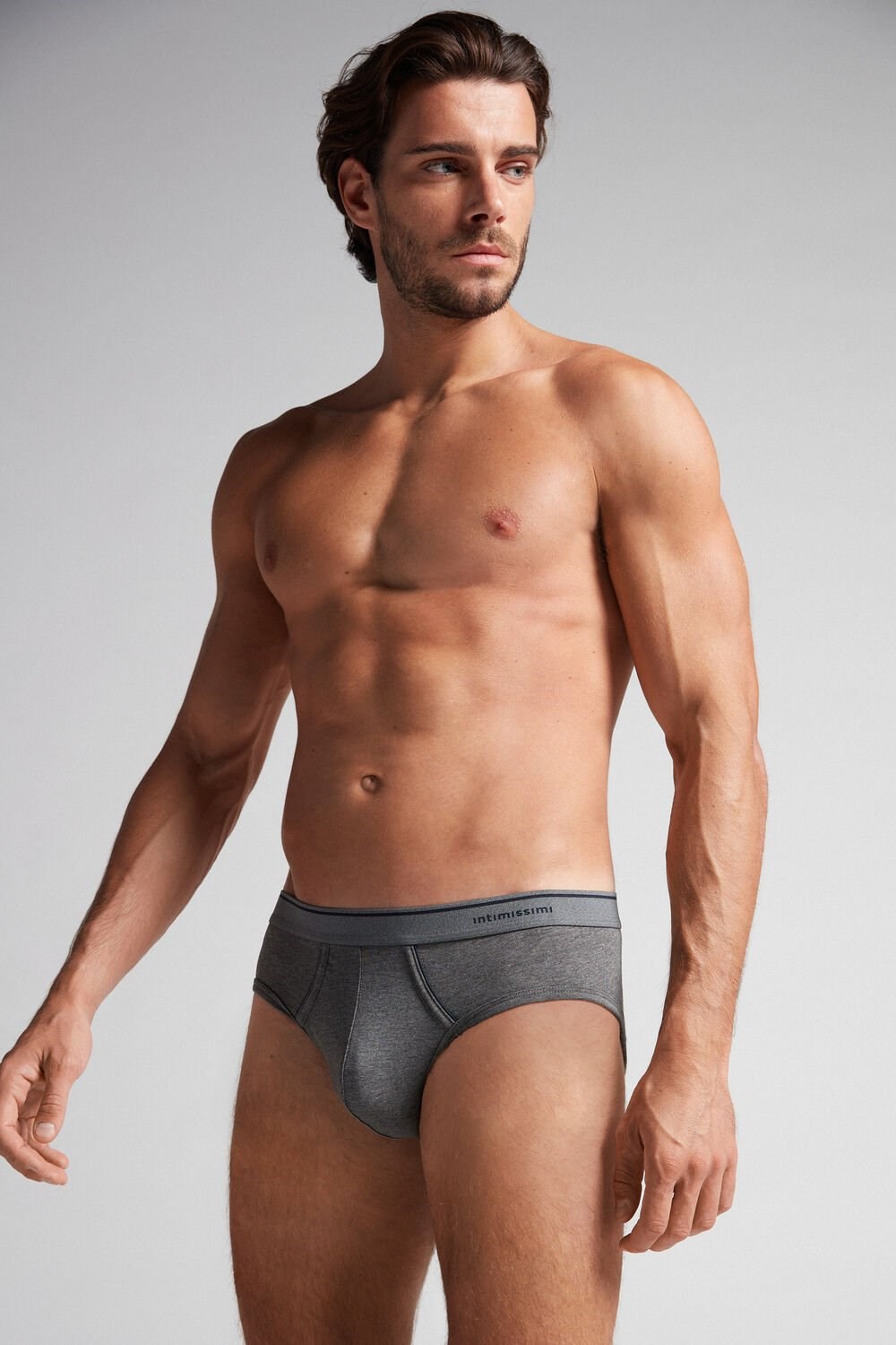 Dark Grey - 080i - Heathered Graphite Grey / Blue Intimissimi Supima Cotton Briefs with Visible Elastic | JUNK-32061