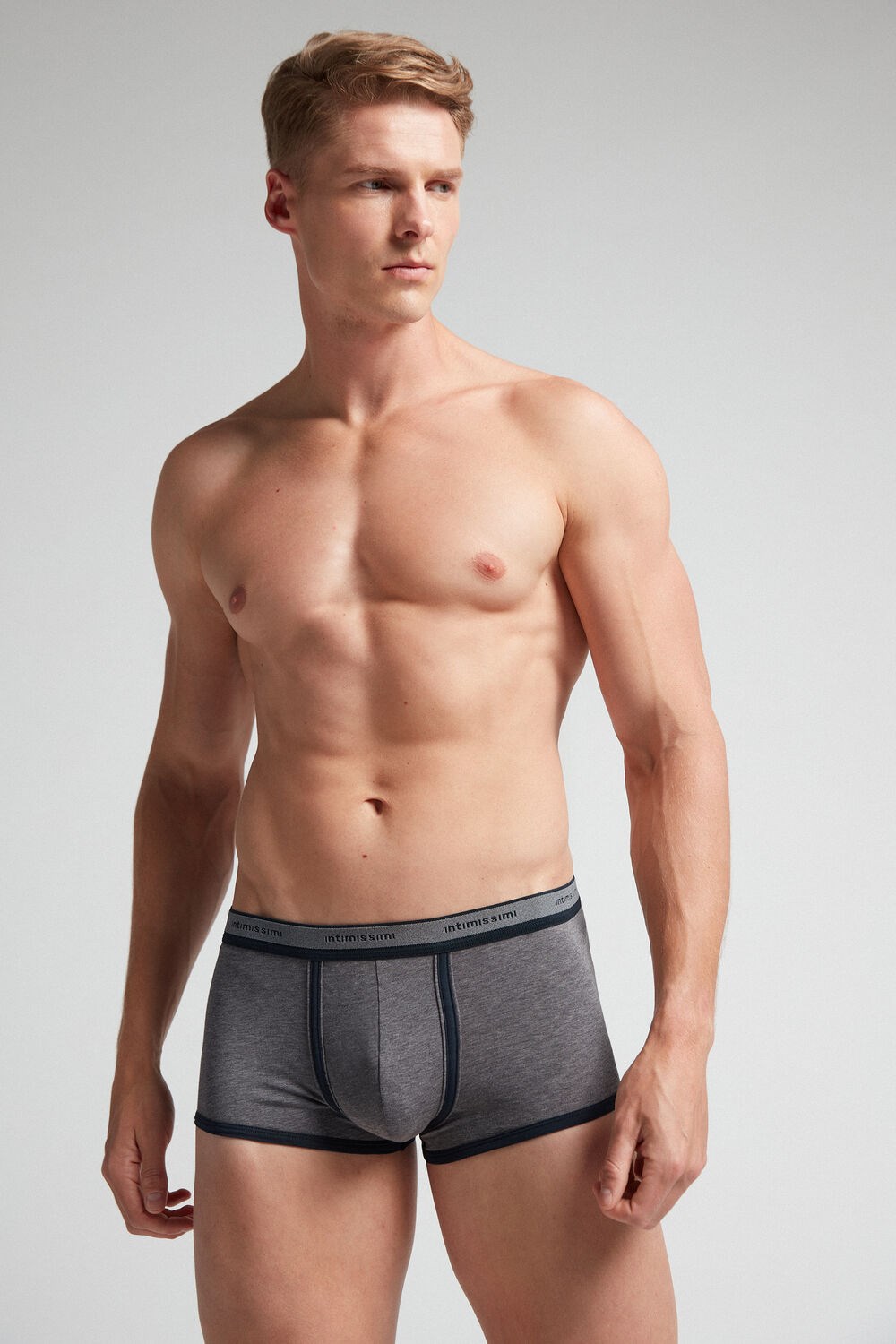 Dark Grey - 080i - Heathered Graphite Grey / Blue Intimissimi Natural Fresh Supima® Cotton Boxers with Logo | LDUA-60741