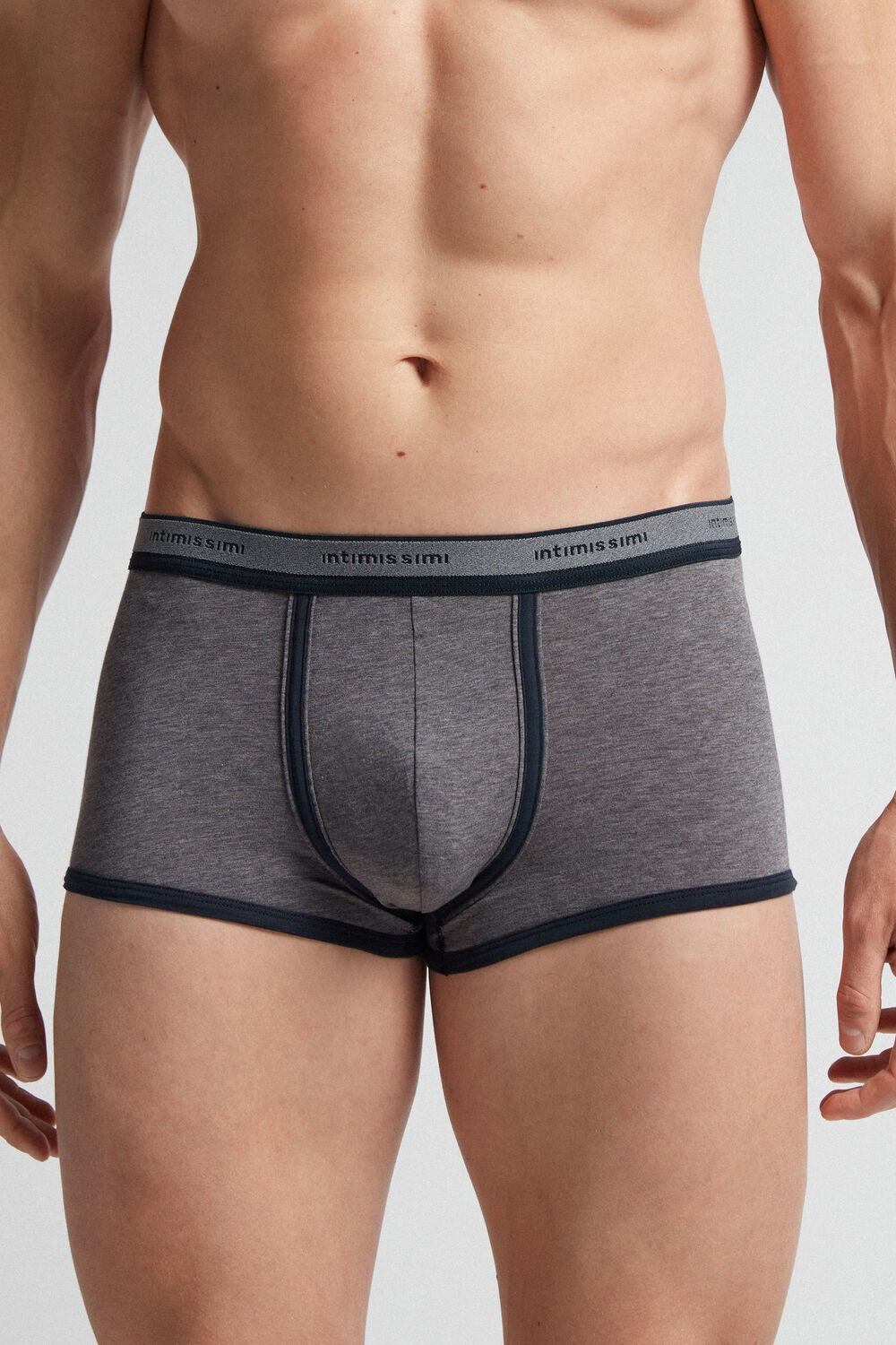 Dark Grey - 080i - Heathered Graphite Grey / Blue Intimissimi Natural Fresh Supima® Cotton Boxers with Logo | LDUA-60741