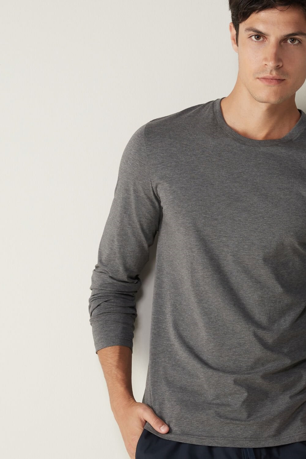 Dark Grey - 5227 - Heathered Graphite Grey Intimissimi Long-Sleeve Supima® Cotton Top | BUIK-29854