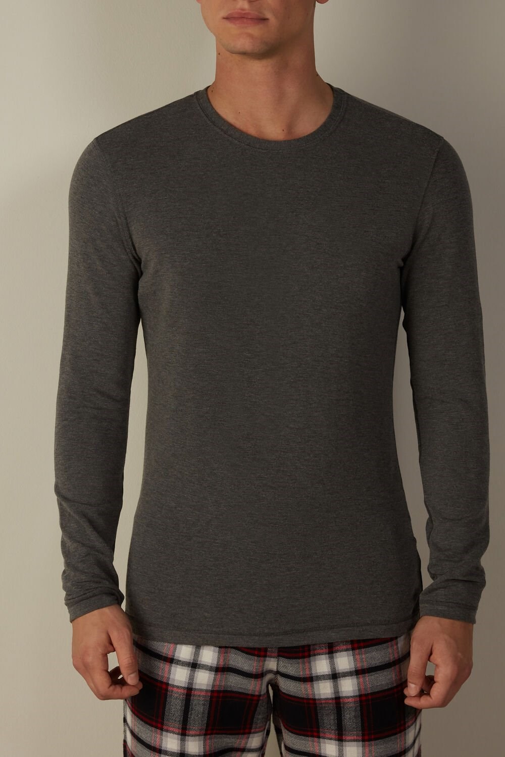 Dark Grey - 5227 - Heathered Graphite Grey Intimissimi Long-Sleeve Modal-Cashmere Top | EZFN-09765