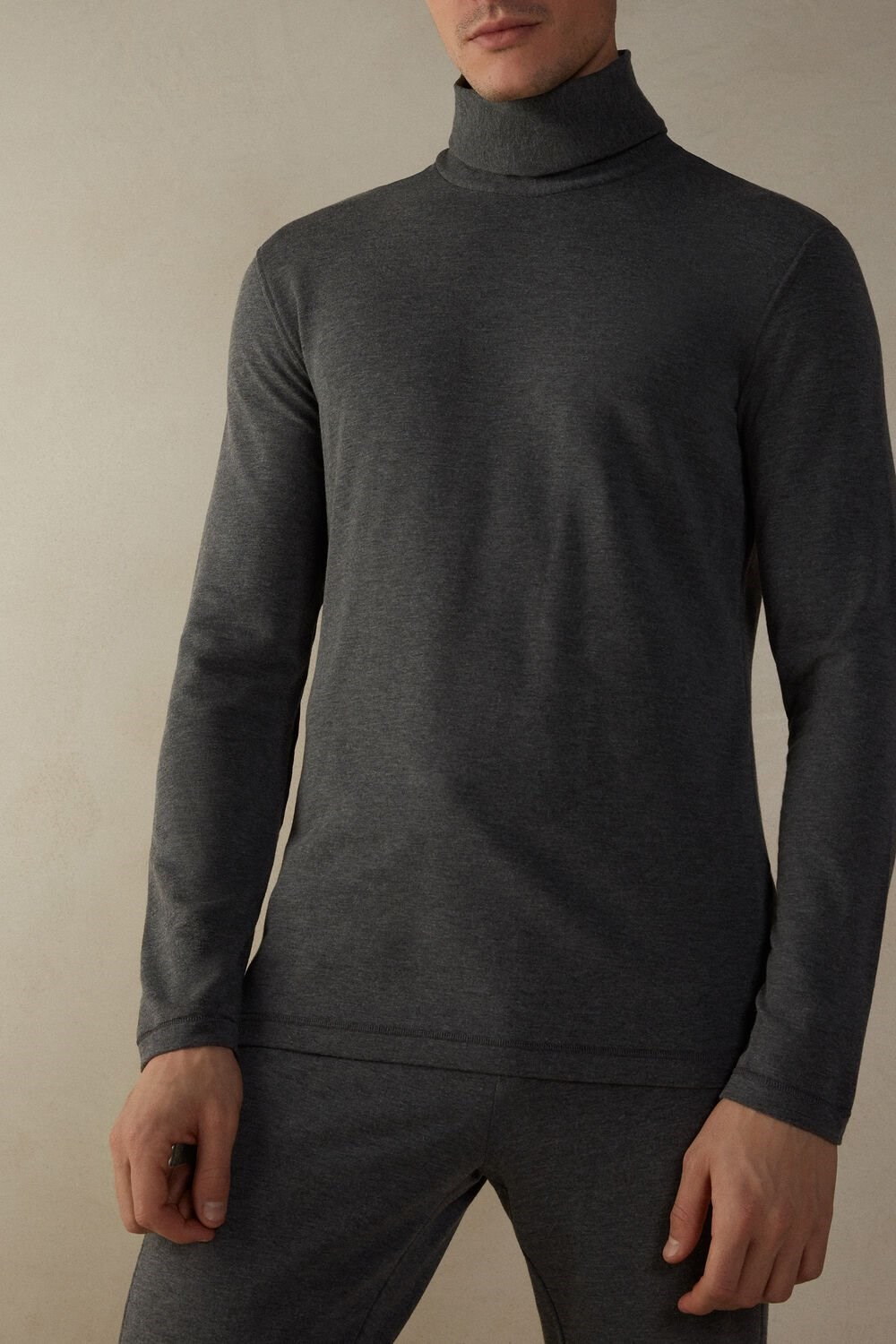 Dark Grey - 5227 - Heathered Graphite Grey Intimissimi Long-sleeve High-Neck Modal-Cashmere Top | FCUE-30729