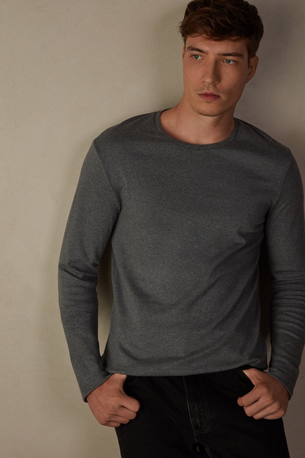 Dark Grey - 5227 - Heathered Graphite Grey Intimissimi Long Sleeve Top in Warm Cotton | HJZM-23581