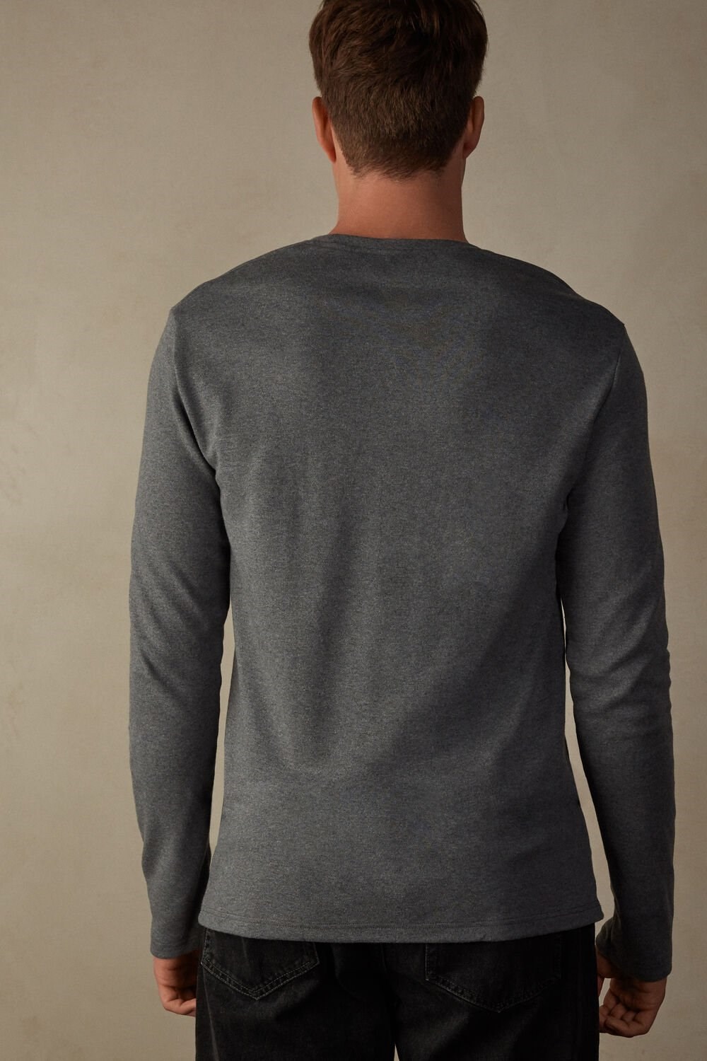 Dark Grey - 5227 - Heathered Graphite Grey Intimissimi Long Sleeve Top in Warm Cotton | HJZM-23581