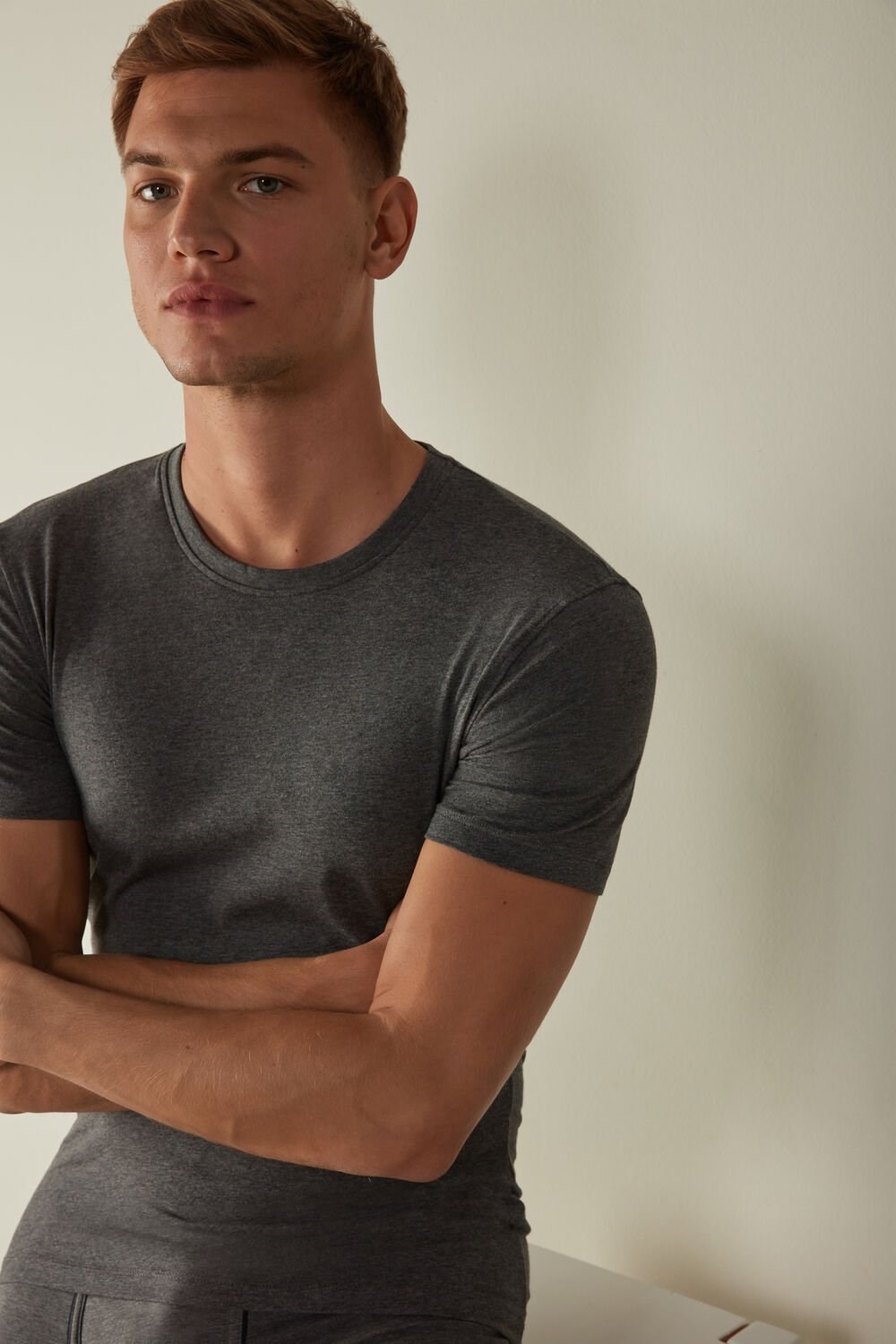 Dark Grey - 5227 - Heathered Graphite Grey Intimissimi T-shirt in Stretch Supima® Cotton | HTDL-70591