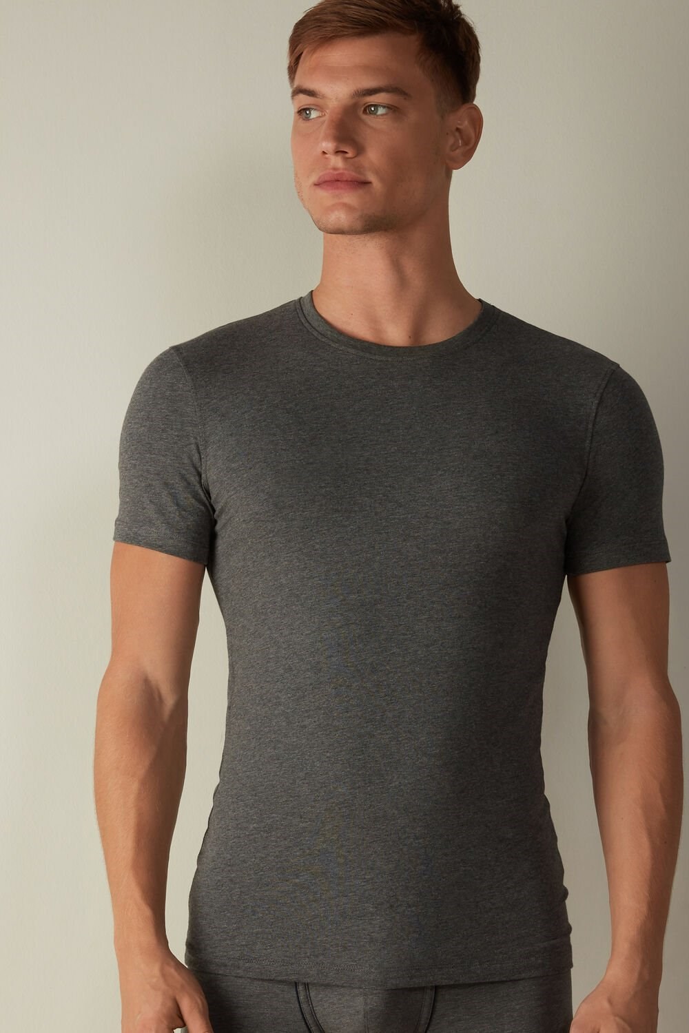 Dark Grey - 5227 - Heathered Graphite Grey Intimissimi T-shirt in Stretch Supima® Cotton | HTDL-70591