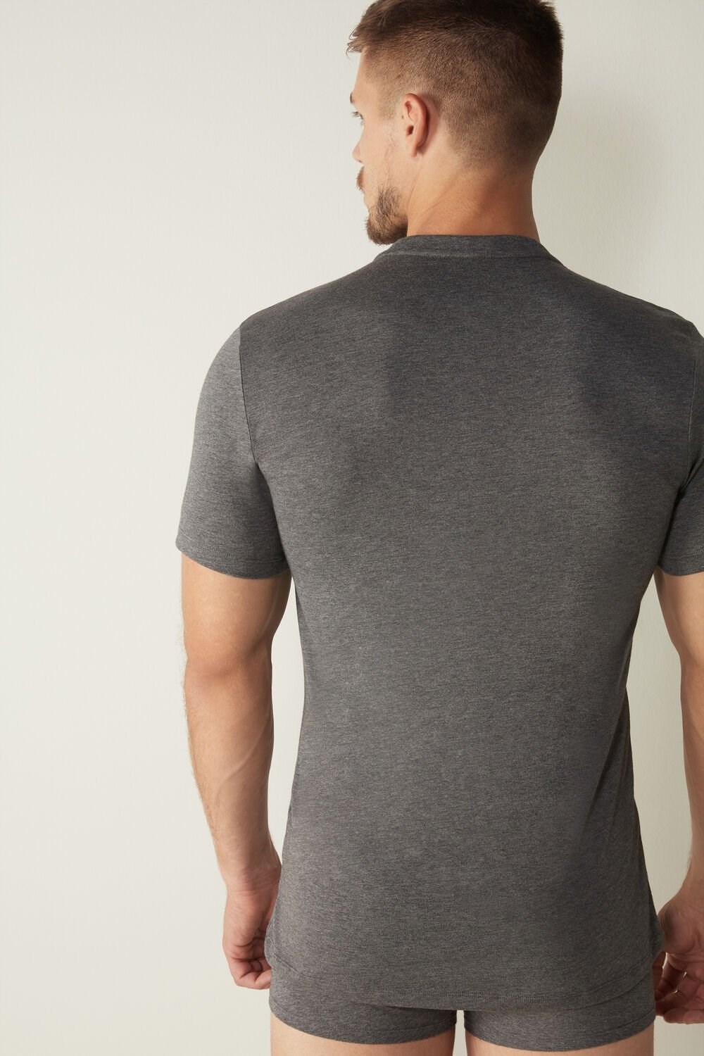 Dark Grey - 5227 - Heathered Graphite Grey Intimissimi Short-Sleeved Supima® Cotton Shirt | LFUY-05469