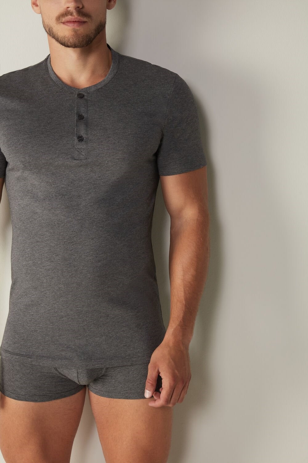 Dark Grey - 5227 - Heathered Graphite Grey Intimissimi Short-Sleeved Supima® Cotton Shirt | LFUY-05469