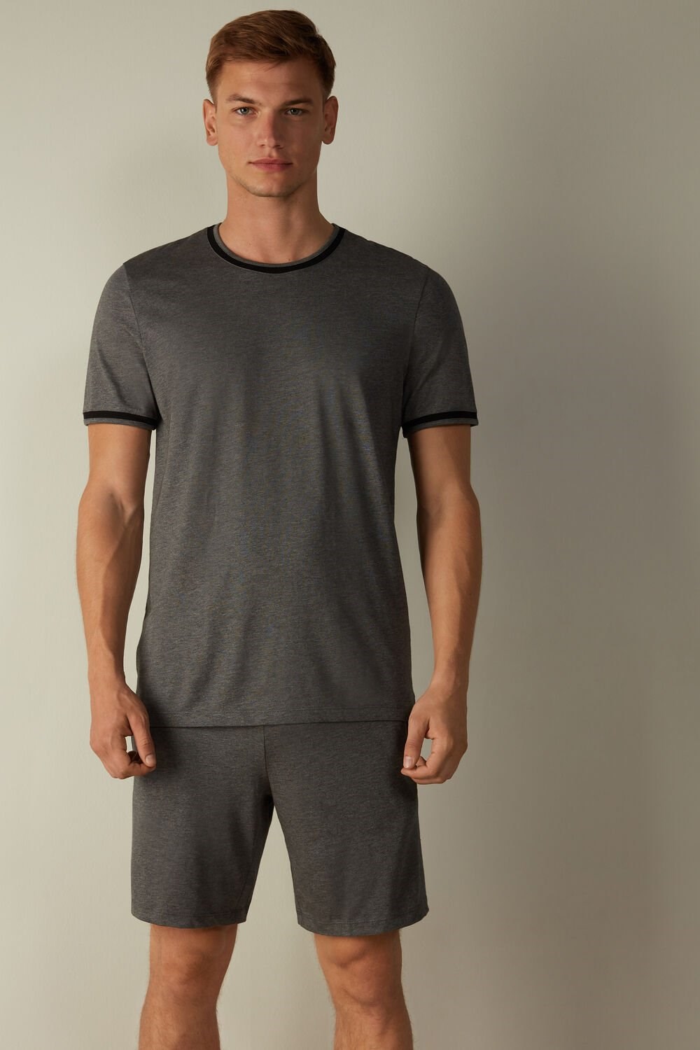 Dark Grey - 5227 - Heathered Graphite Grey Intimissimi Cropped Basic Supima® Cotton Pajamas | MYCT-04318