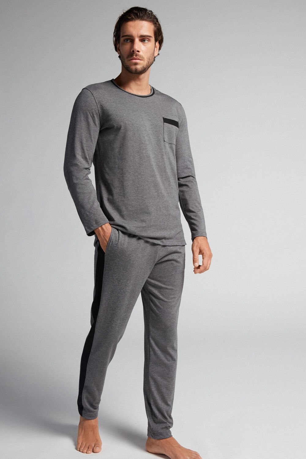 Dark Grey - 5227 - Heathered Graphite Grey Intimissimi Basic Supima® Cotton Pajama Pant Set | WJCO-59081