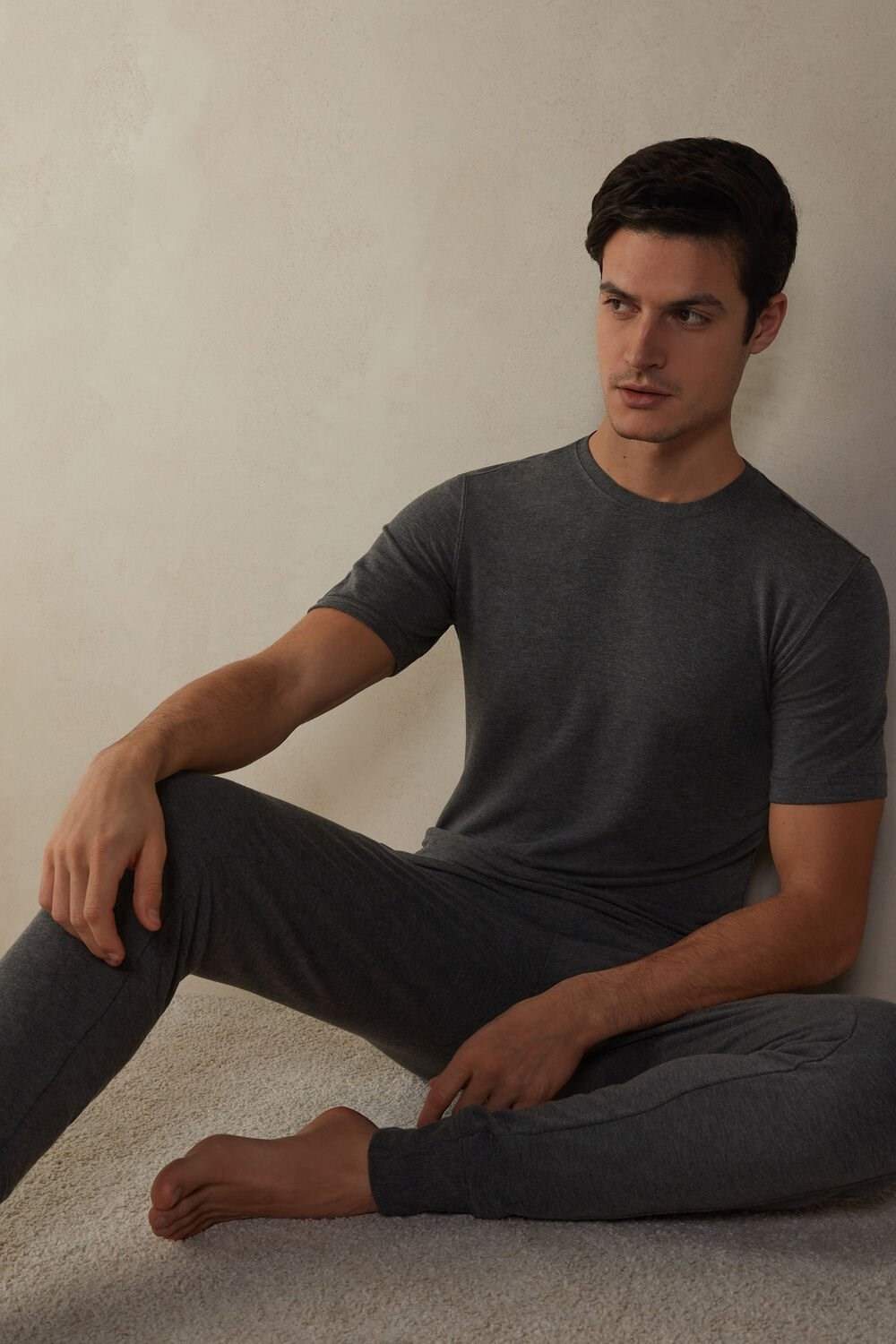 Dark Grey - 5227 - Heathered Graphite Grey Intimissimi Short-Sleeve Modal-Cashmere Top | YNQZ-98361